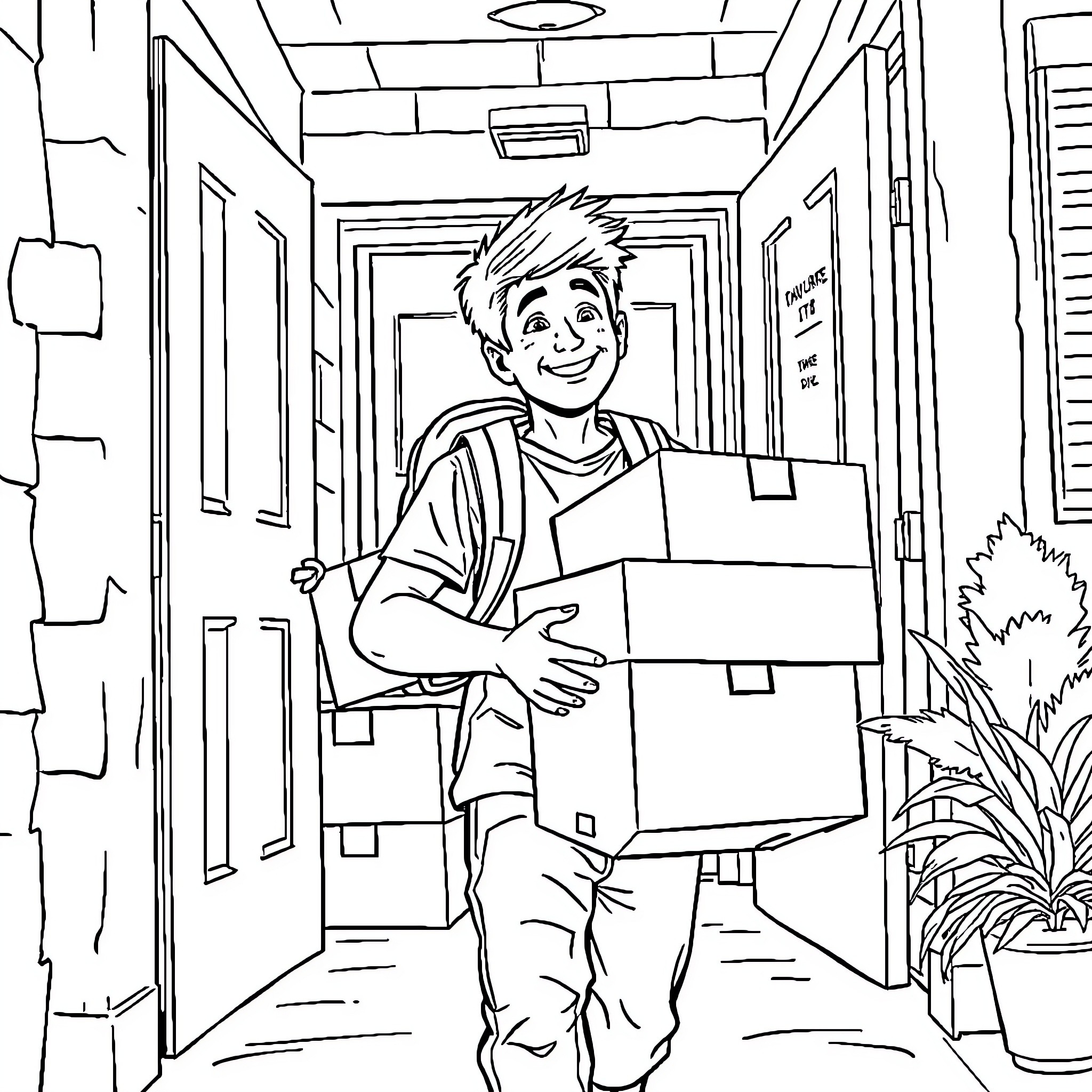 Boy Carrying Boxes in Hallway Coloring Page (free black-and-white line drawing printable PDF for all, from beginners to advanced learners, including children, teens, adults, and seniors)
