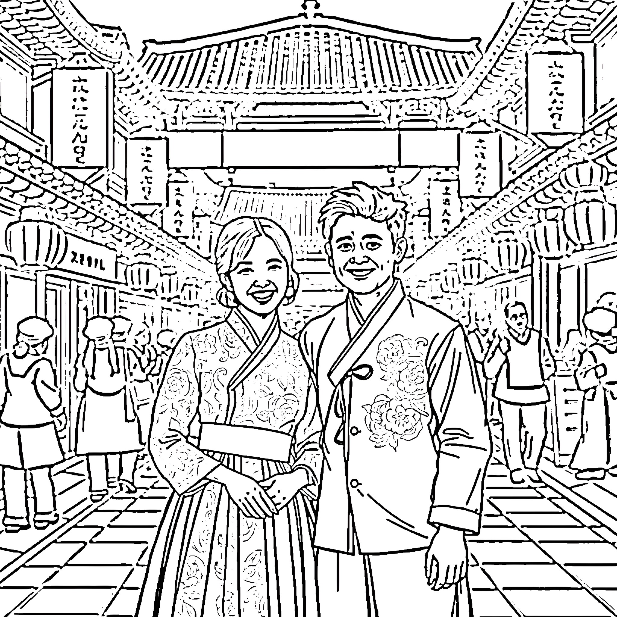 Couple exploring traditional Japanese architecture Coloring Page (free black-and-white line drawing printable PDF for all, from beginners to advanced learners, including children, teens, adults, and seniors)