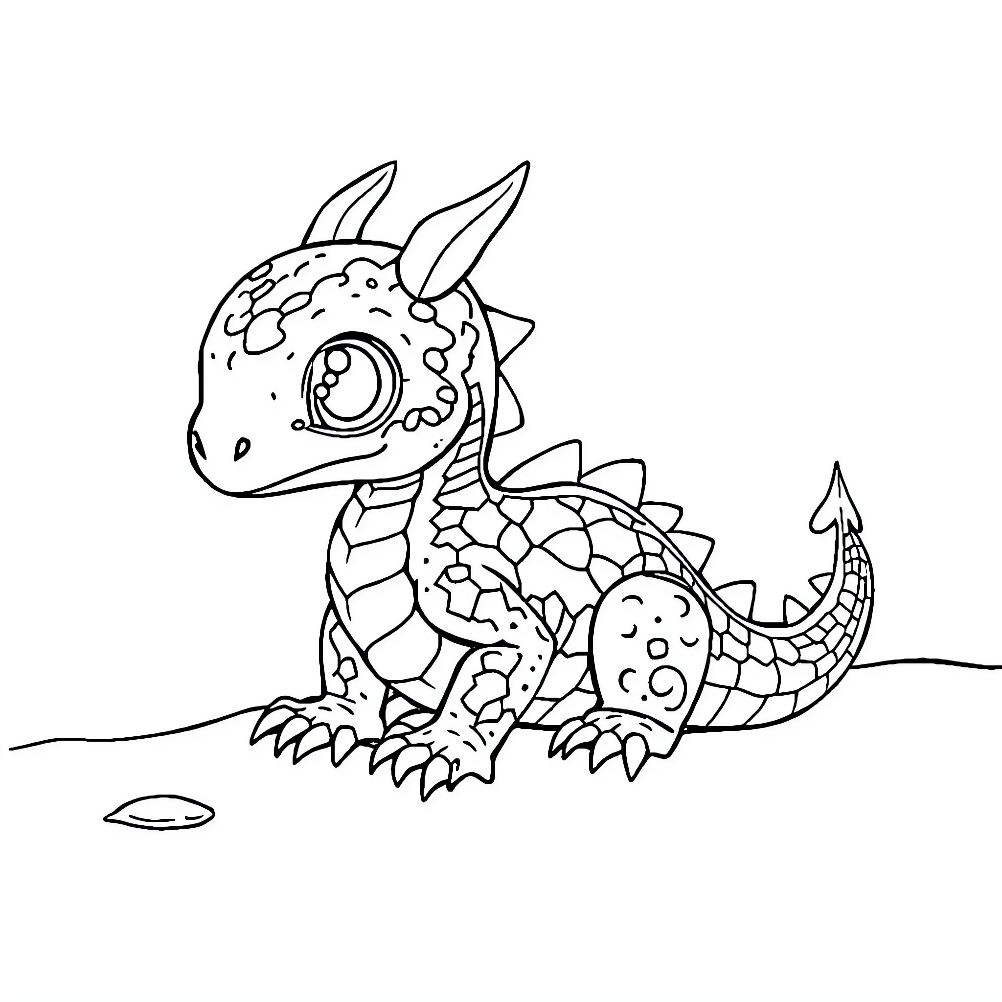 Dragon hatchling exploring its surroundings Coloring Page (free black-and-white line drawing printable PDF for all, from beginners to advanced learners, including children, teens, adults, and seniors)