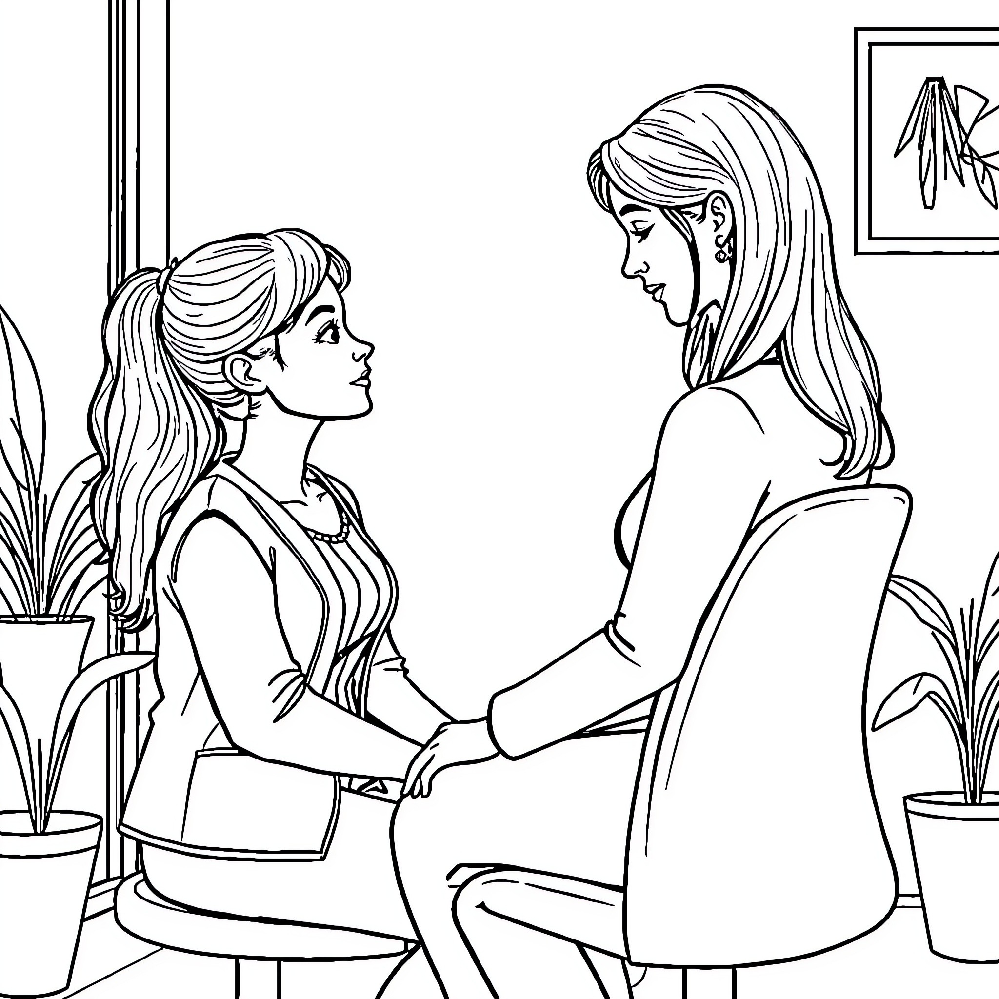Anaïs and her sister comforting each other Coloring Page (free black-and-white line drawing printable PDF for all, from beginners to advanced learners, including children, teens, adults, and seniors)