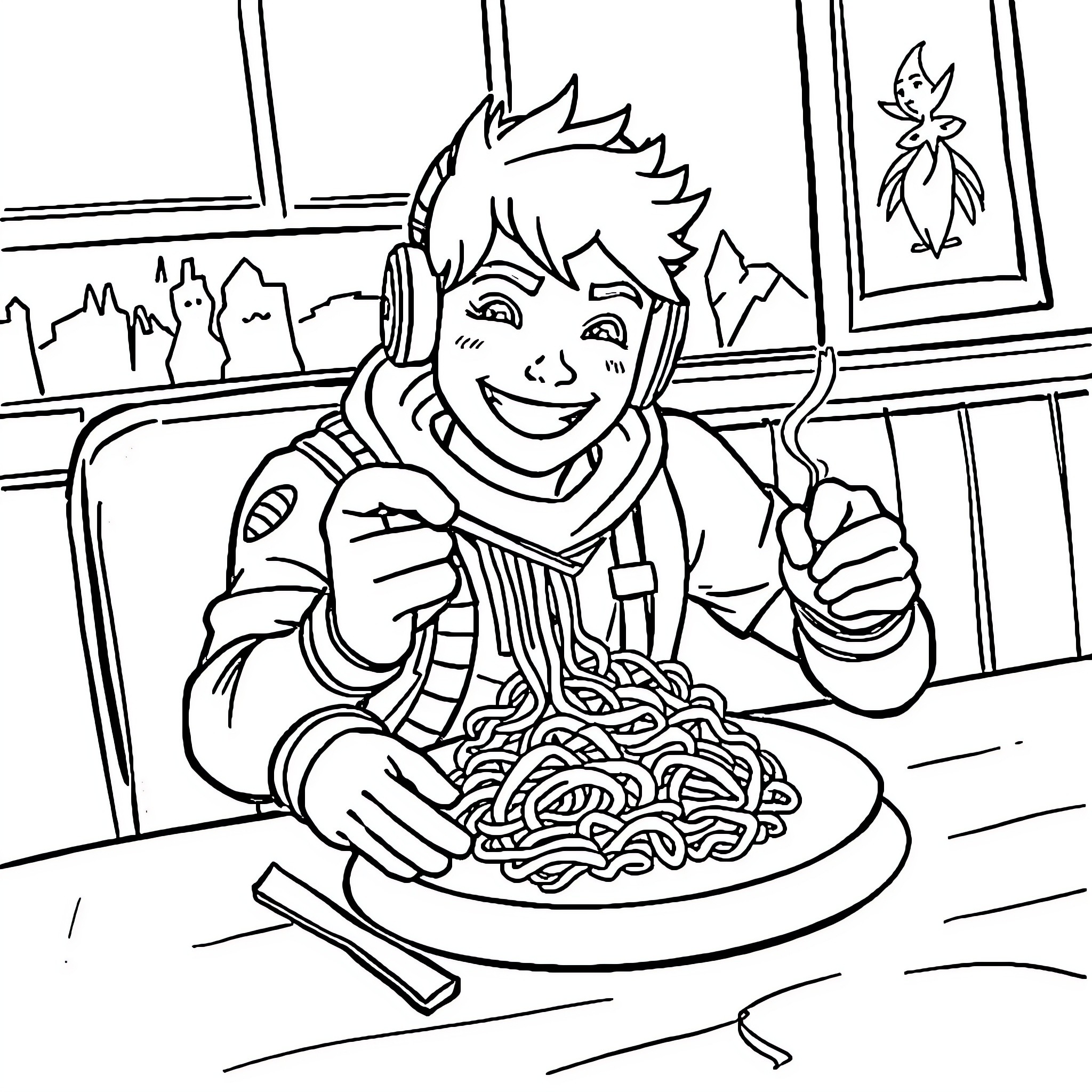 Fortnite character enjoying a meal in a cozy setting Coloring Page (free black-and-white line drawing printable PDF for all, from beginners to advanced learners, including children, teens, adults, and seniors)