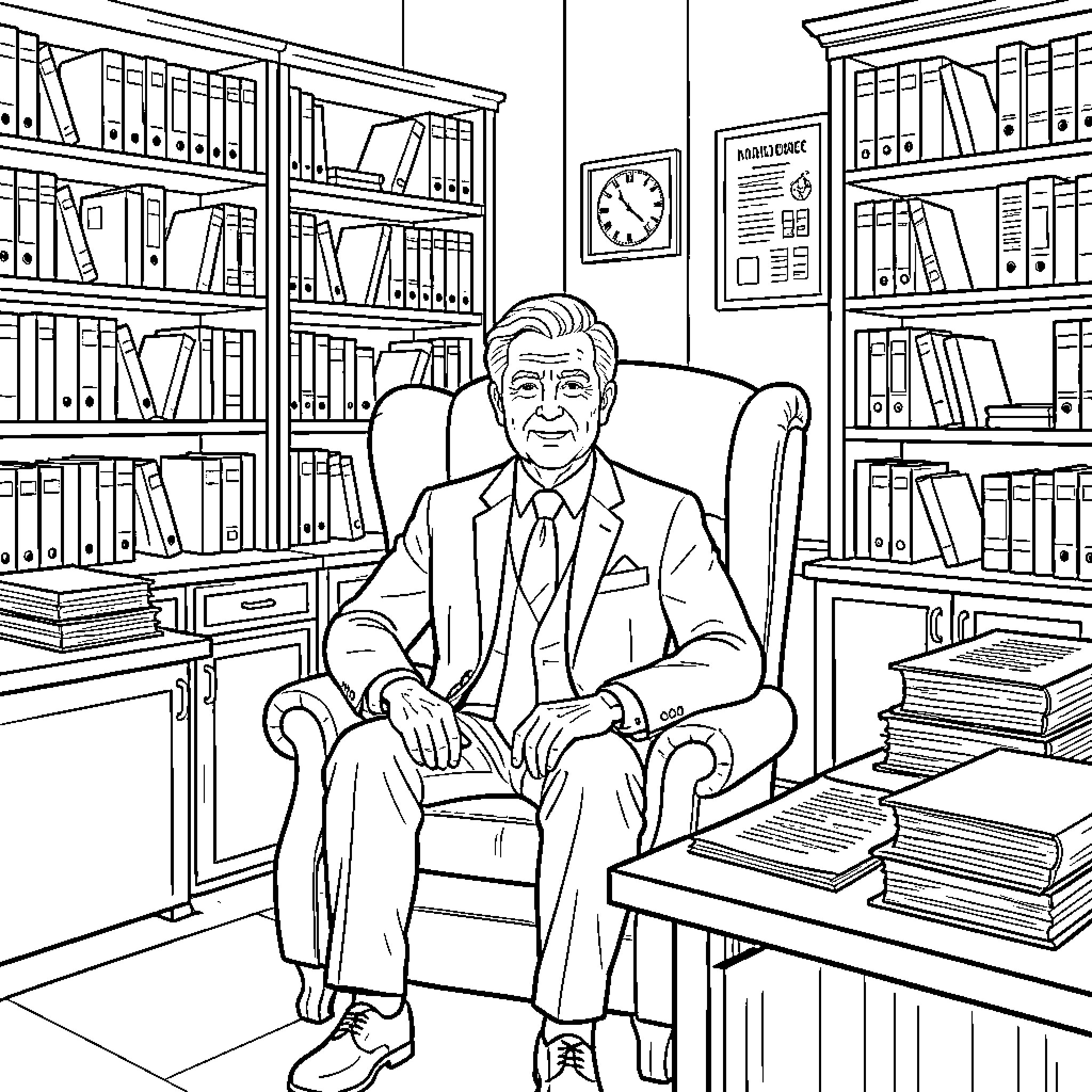 Principal sitting calmly in a chair in his office Coloring Page (free black-and-white line drawing printable PDF for all, from beginners to advanced learners, including children, teens, adults, and seniors)