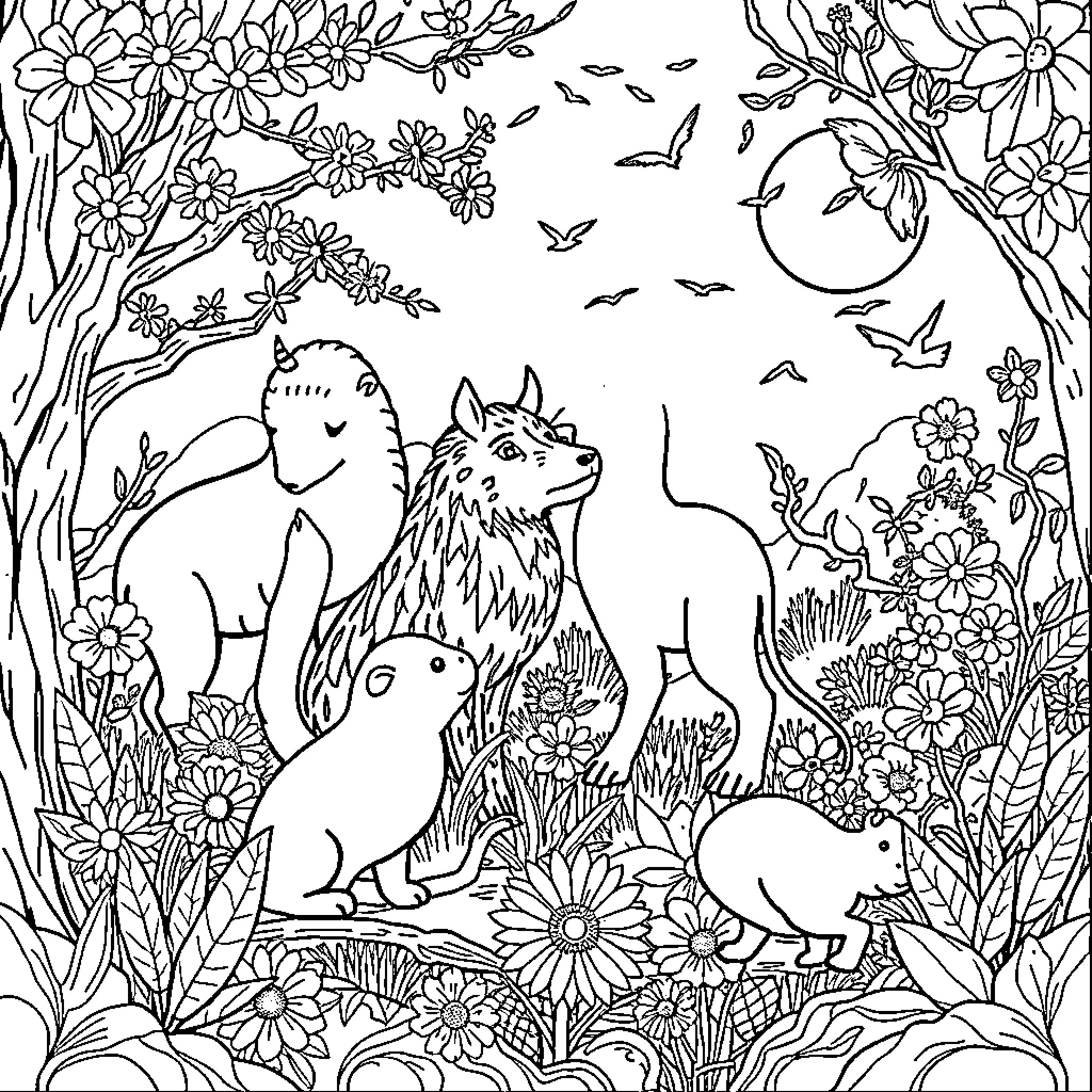Animal Woodland Scene with Playful Creatures Coloring Page (free black-and-white line drawing printable PDF for all, from beginners to advanced learners, including children, teens, adults, and seniors)
