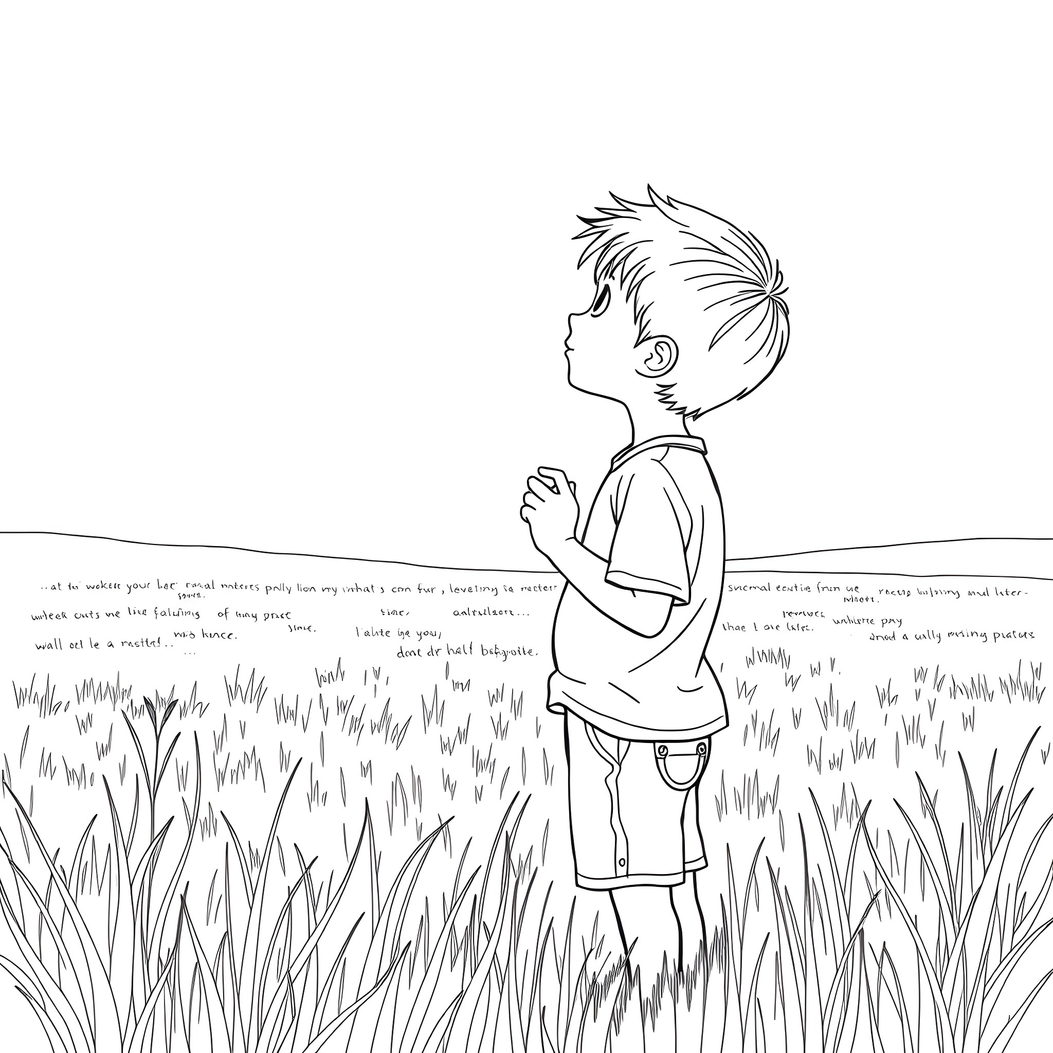 Boy exploring nature in a grassy field Coloring Page (free black-and-white line drawing printable PDF for all, from beginners to advanced learners, including children, teens, adults, and seniors)