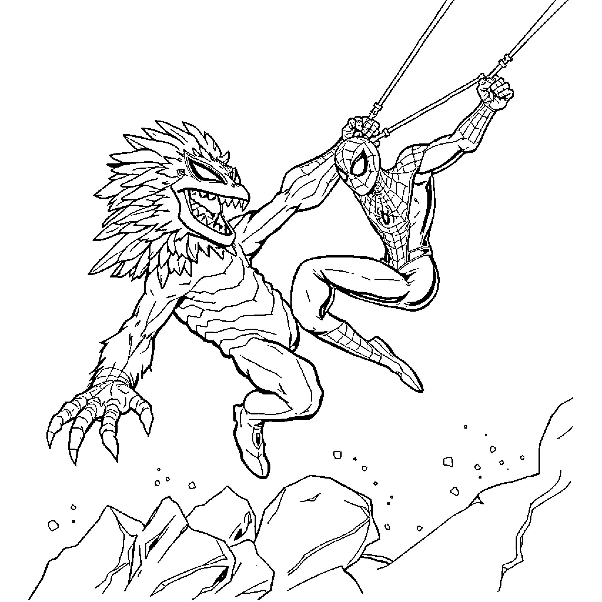 Labubu swinging through the air fighting a monstrous creature Coloring Page (free black-and-white line drawing printable PDF for all, from beginners to advanced learners, including children, teens, adults, and seniors)