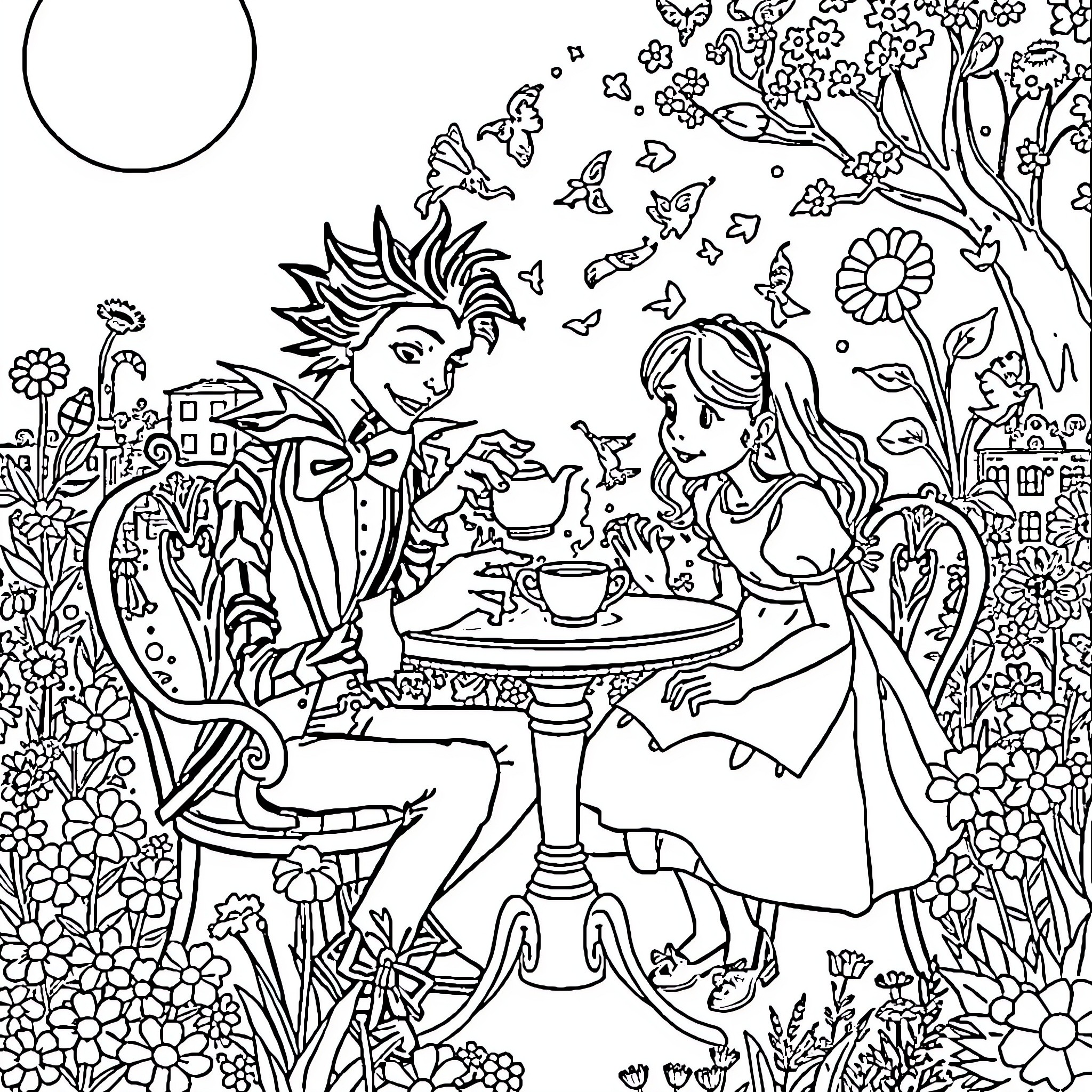 Edward Scissorhands sharing tea with Alice in a whimsical garden Coloring Page (free black-and-white line drawing printable PDF for all, from beginners to advanced learners, including children, teens, adults, and seniors)