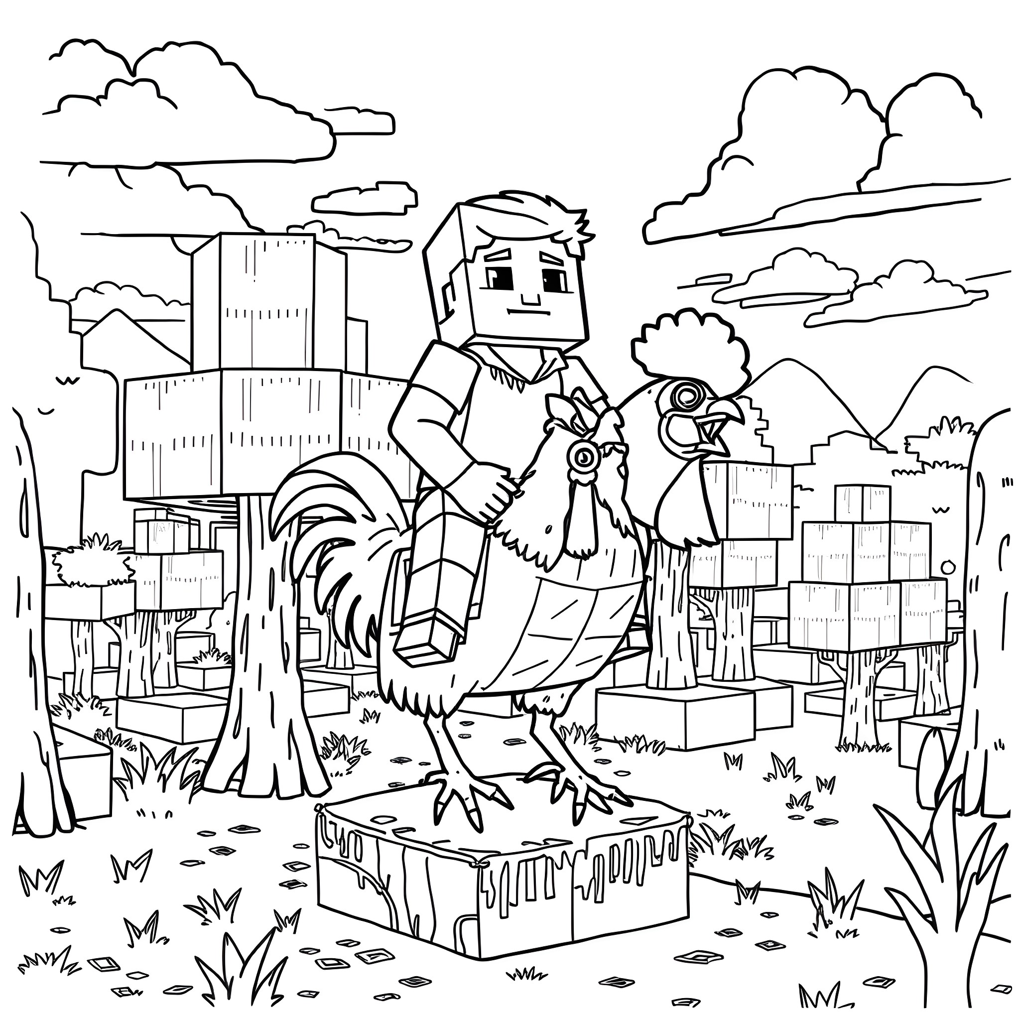 Steve riding a chicken through a futuristic cityscape Coloring Page (free black-and-white line drawing printable PDF for all, from beginners to advanced learners, including children, teens, adults, and seniors)