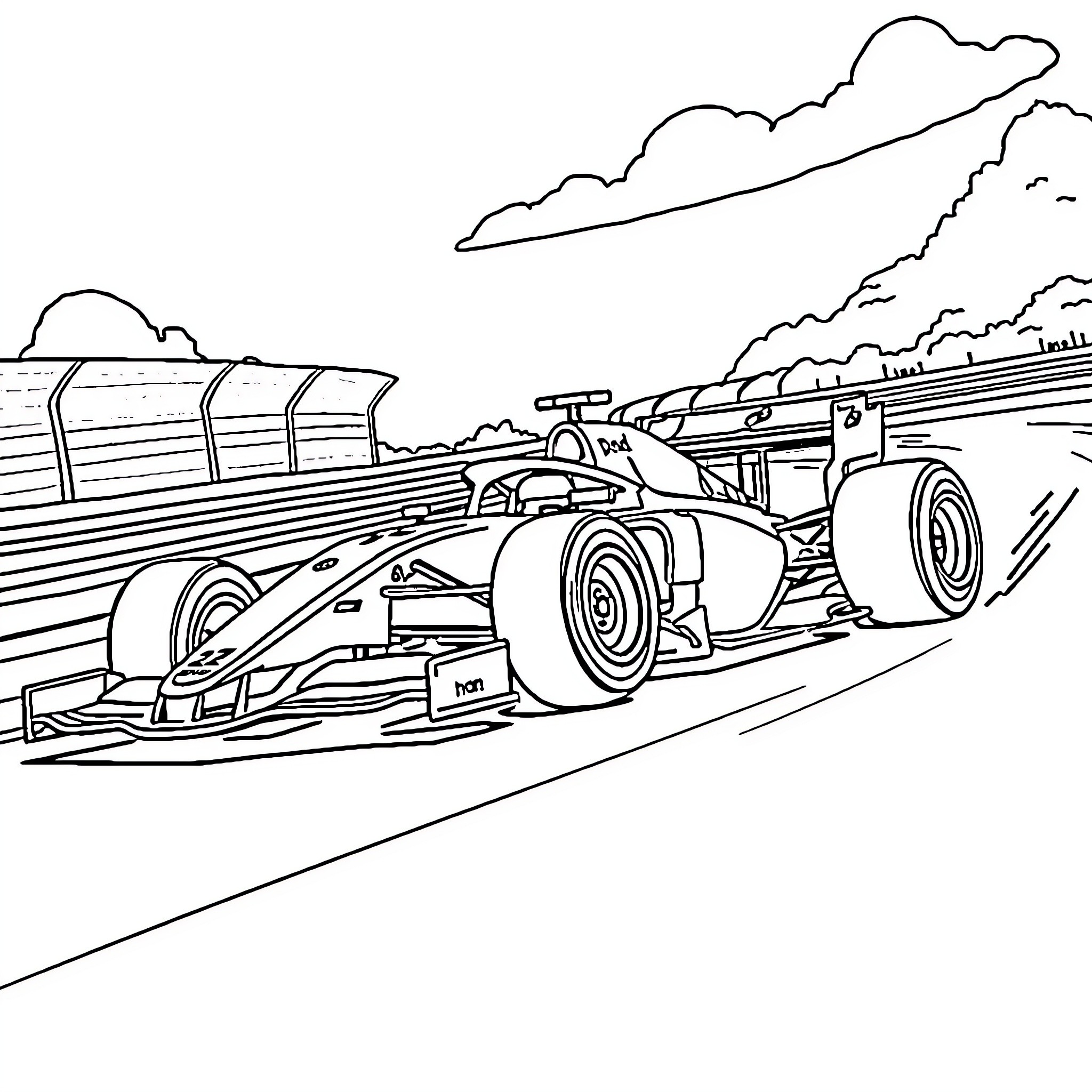 F1 Race Car Speeding on the Track Coloring Page (free black-and-white line drawing printable PDF for all, from beginners to advanced learners, including children, teens, adults, and seniors)