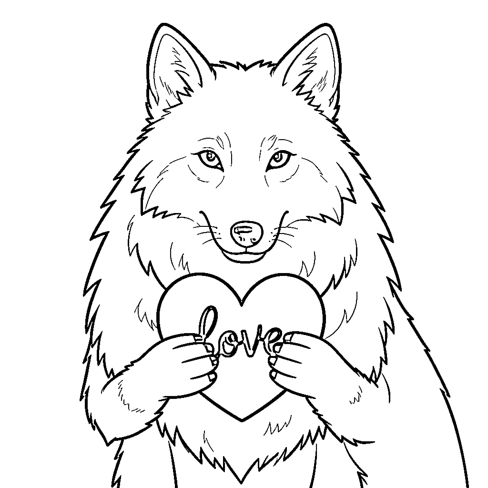 Wolf holding a heart with the word love Coloring Page (free black-and-white line drawing printable PDF for all, from beginners to advanced learners, including children, teens, adults, and seniors)