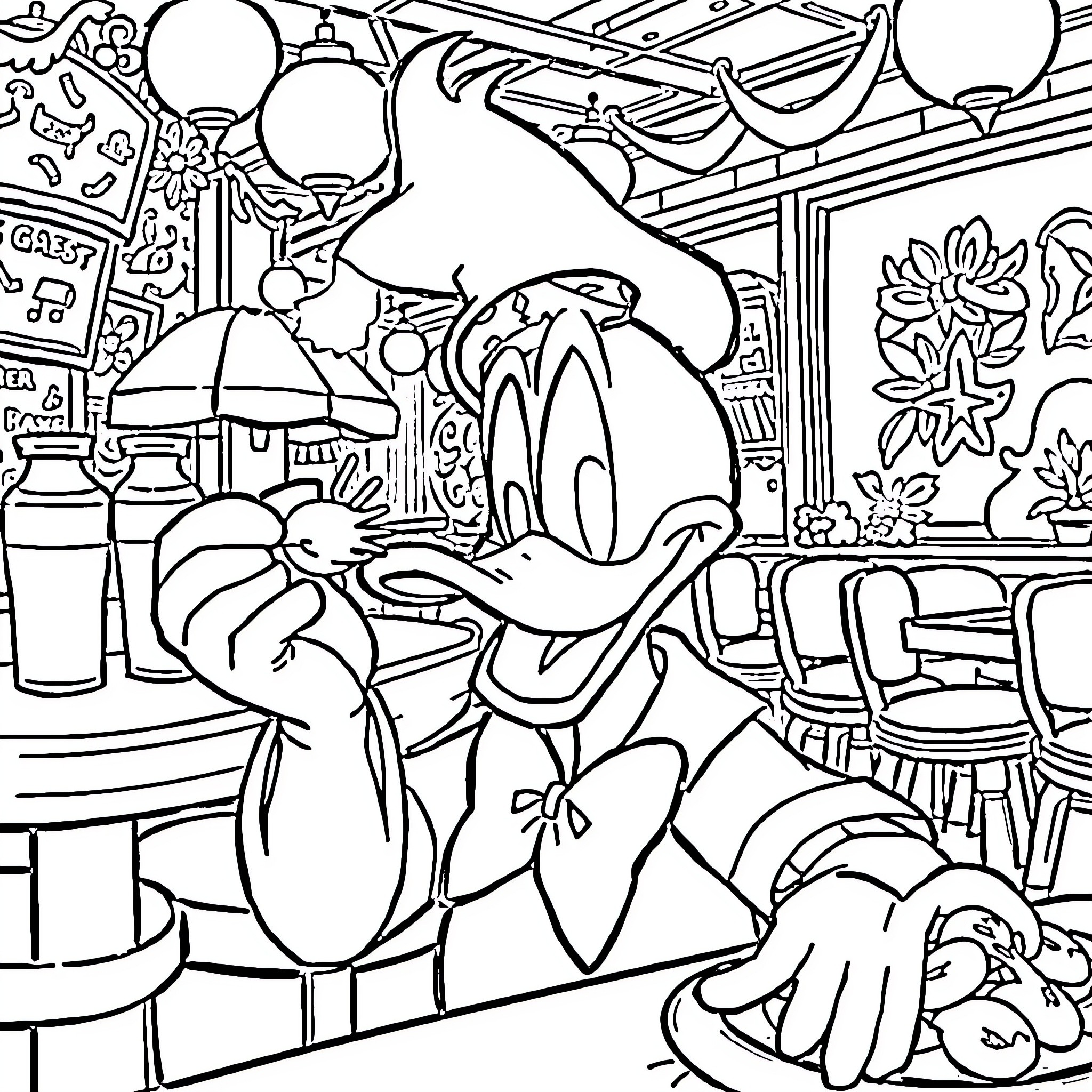 Donald Duck exploring a whimsical and detailed environment Coloring Page (free black-and-white line drawing printable PDF for all, from beginners to advanced learners, including children, teens, adults, and seniors)