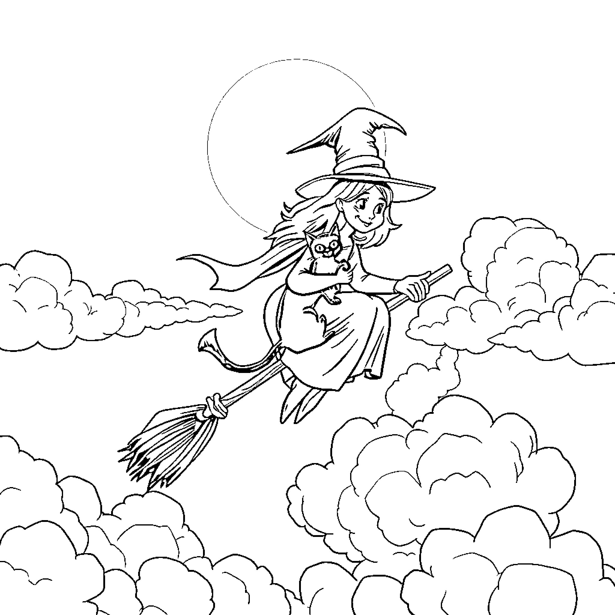 Witch riding a broomstick in the cloudy sky Coloring Page (free black-and-white line drawing printable PDF for all, from beginners to advanced learners, including children, teens, adults, and seniors)