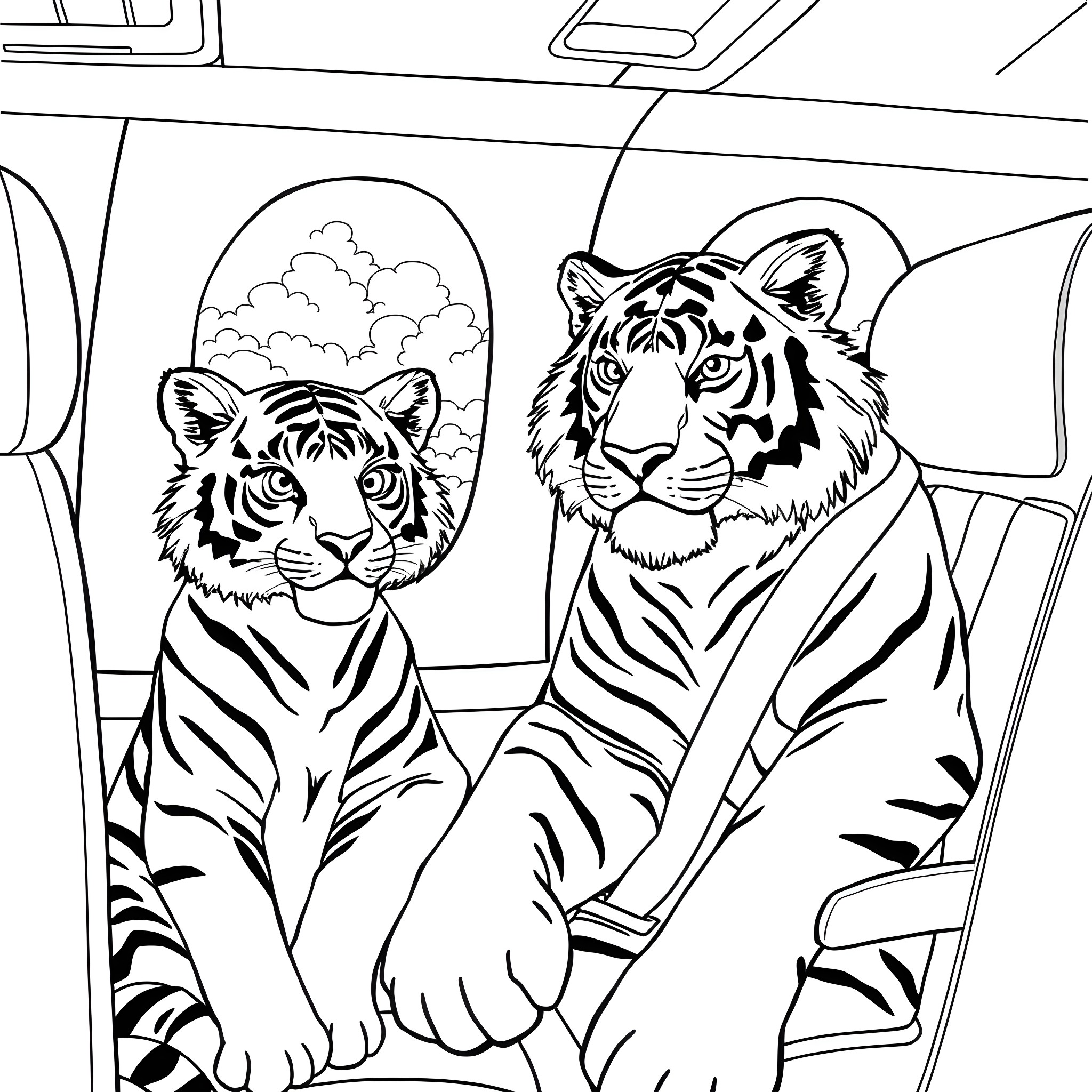 Tigers enjoying a road trip in a car Coloring Page (free black-and-white line drawing printable PDF for all, from beginners to advanced learners, including children, teens, adults, and seniors)