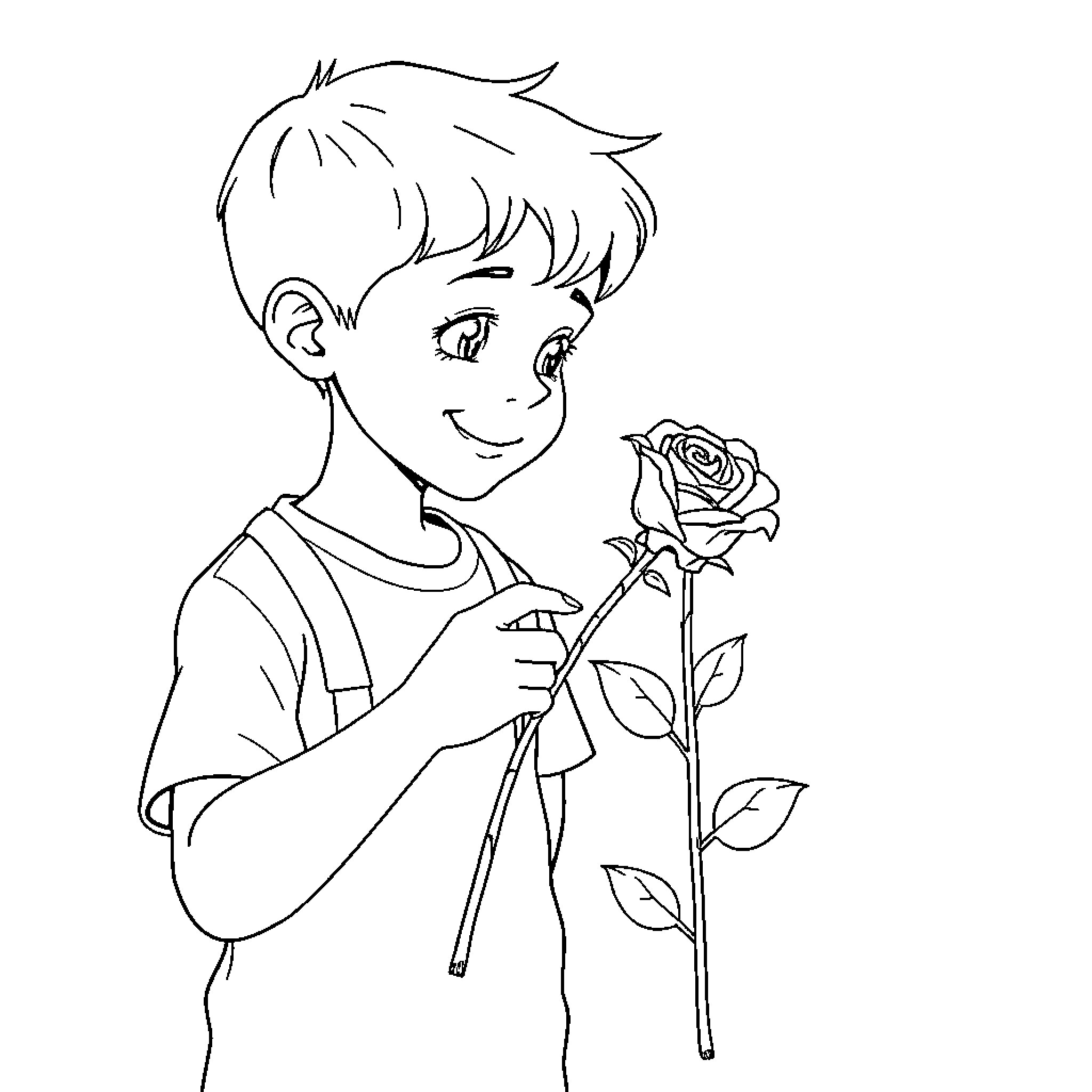 Boy holding a rose with a happy expression Coloring Page (free black-and-white line drawing printable PDF for all, from beginners to advanced learners, including children, teens, adults, and seniors)