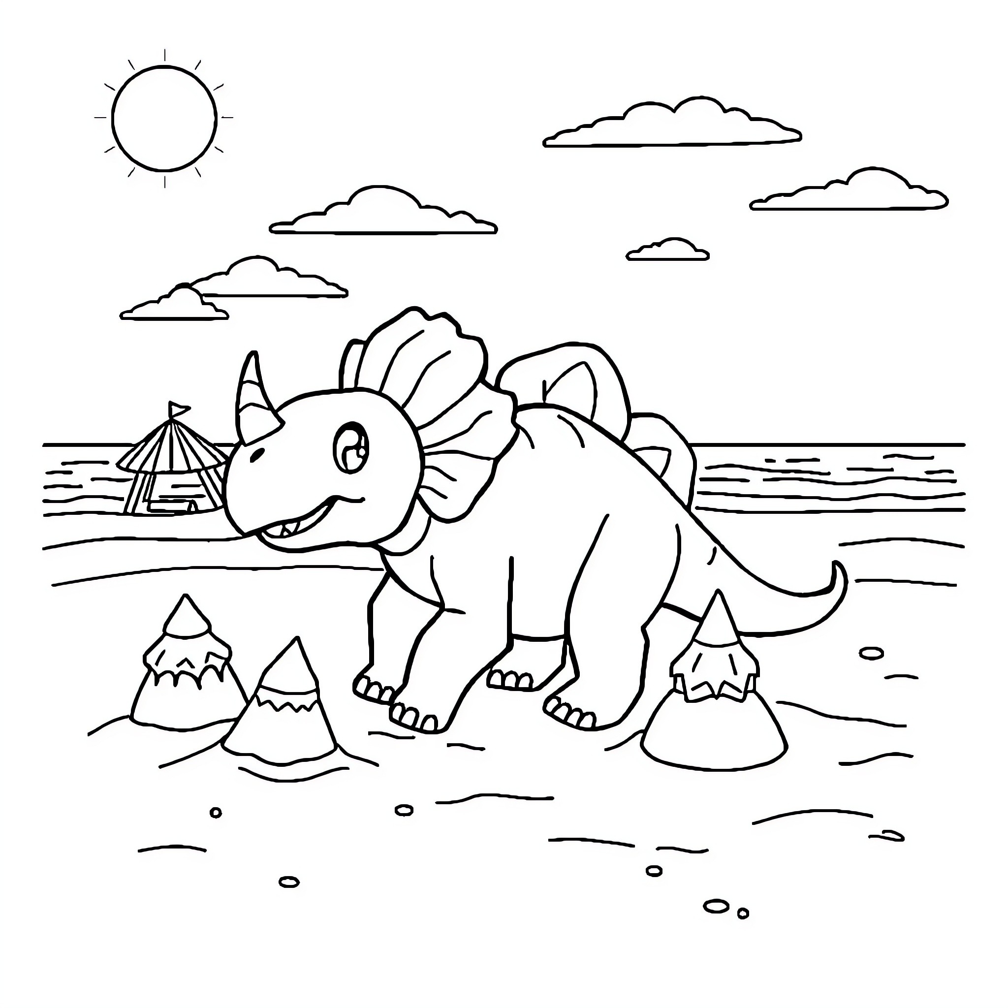 Triceratops enjoying a day at the beach Coloring Page (free black-and-white line drawing printable PDF for all, from beginners to advanced learners, including children, teens, adults, and seniors)
