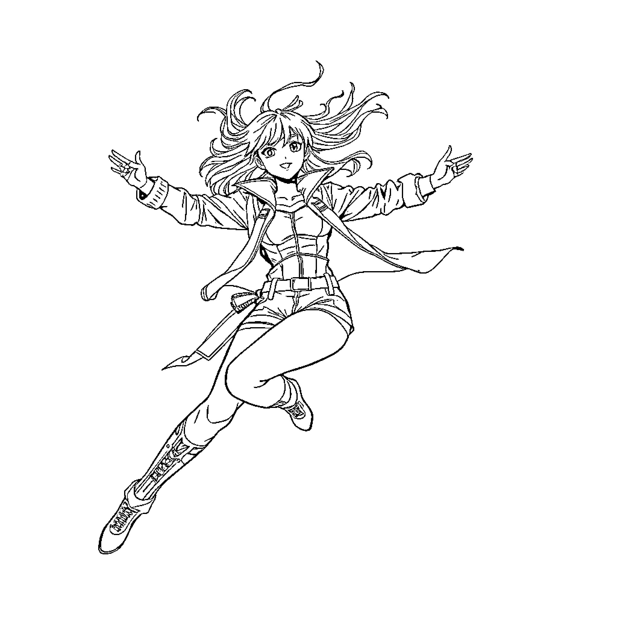 Guerrera - Empowered Anime Heroine in Action Pose Coloring Page (free black-and-white line drawing printable PDF for all, from beginners to advanced learners, including children, teens, adults, and seniors)