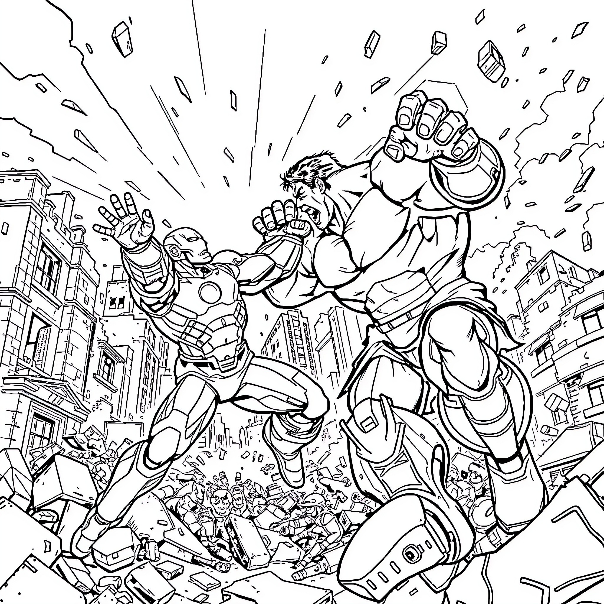 Hulk battles against Iron Man in a destructive cityscape Coloring Page (free black-and-white line drawing printable PDF for all, from beginners to advanced learners, including children, teens, adults, and seniors)