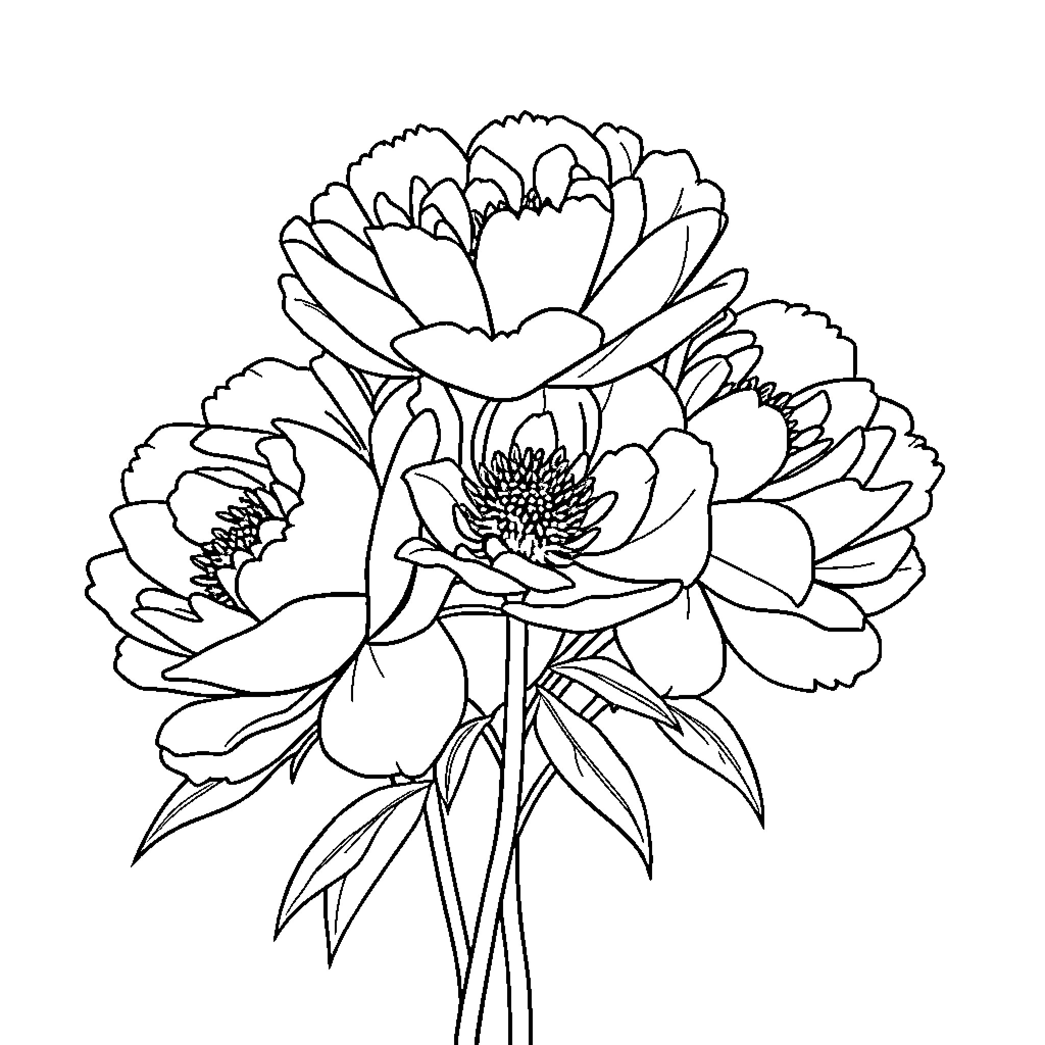 Peony Flowers Blooming in Elegant Bouquet Coloring Page (free black-and-white line drawing printable PDF for all, from beginners to advanced learners, including children, teens, adults, and seniors)