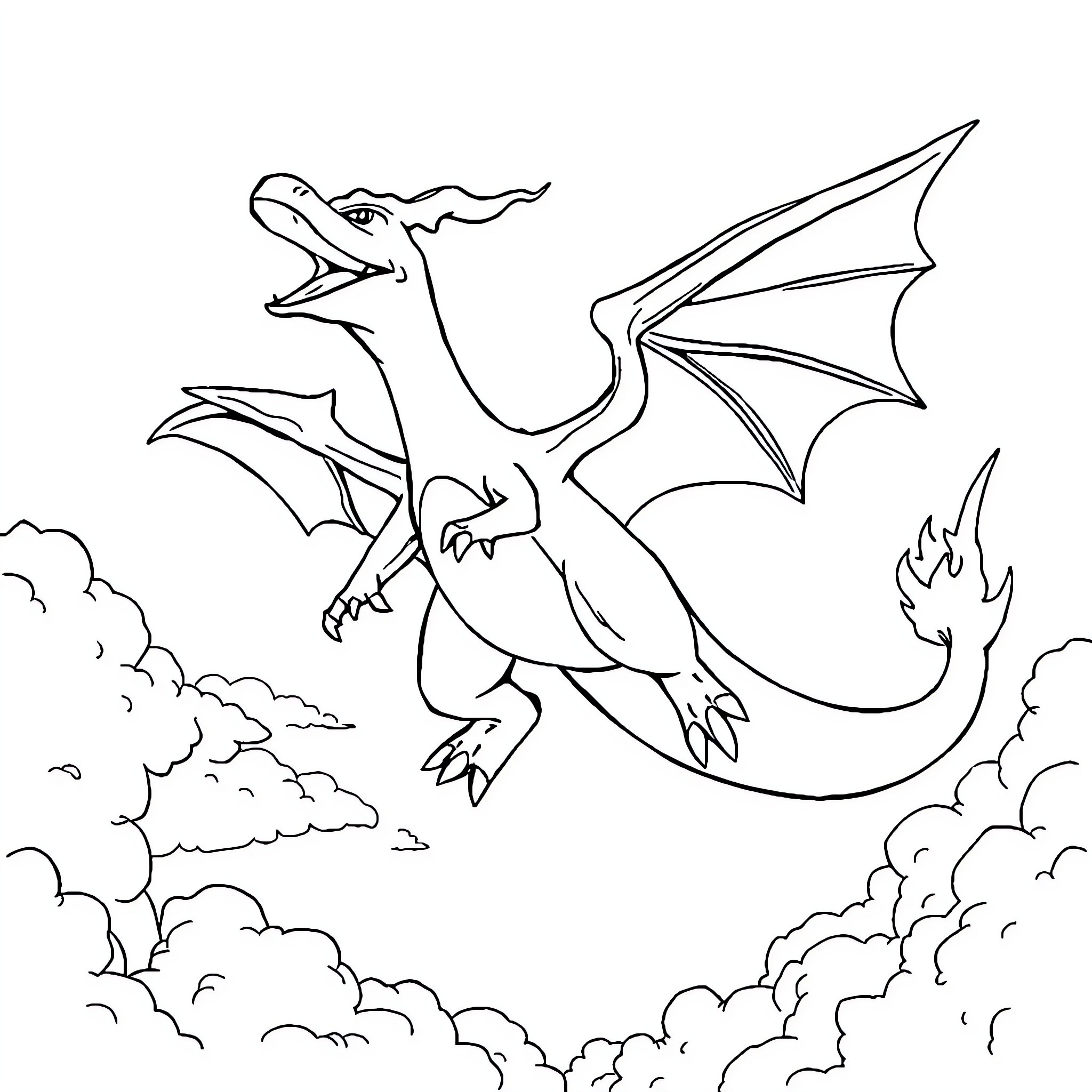 Charizard taking flight in the clouds Coloring Page (free black-and-white line drawing printable PDF for all, from beginners to advanced learners, including children, teens, adults, and seniors)