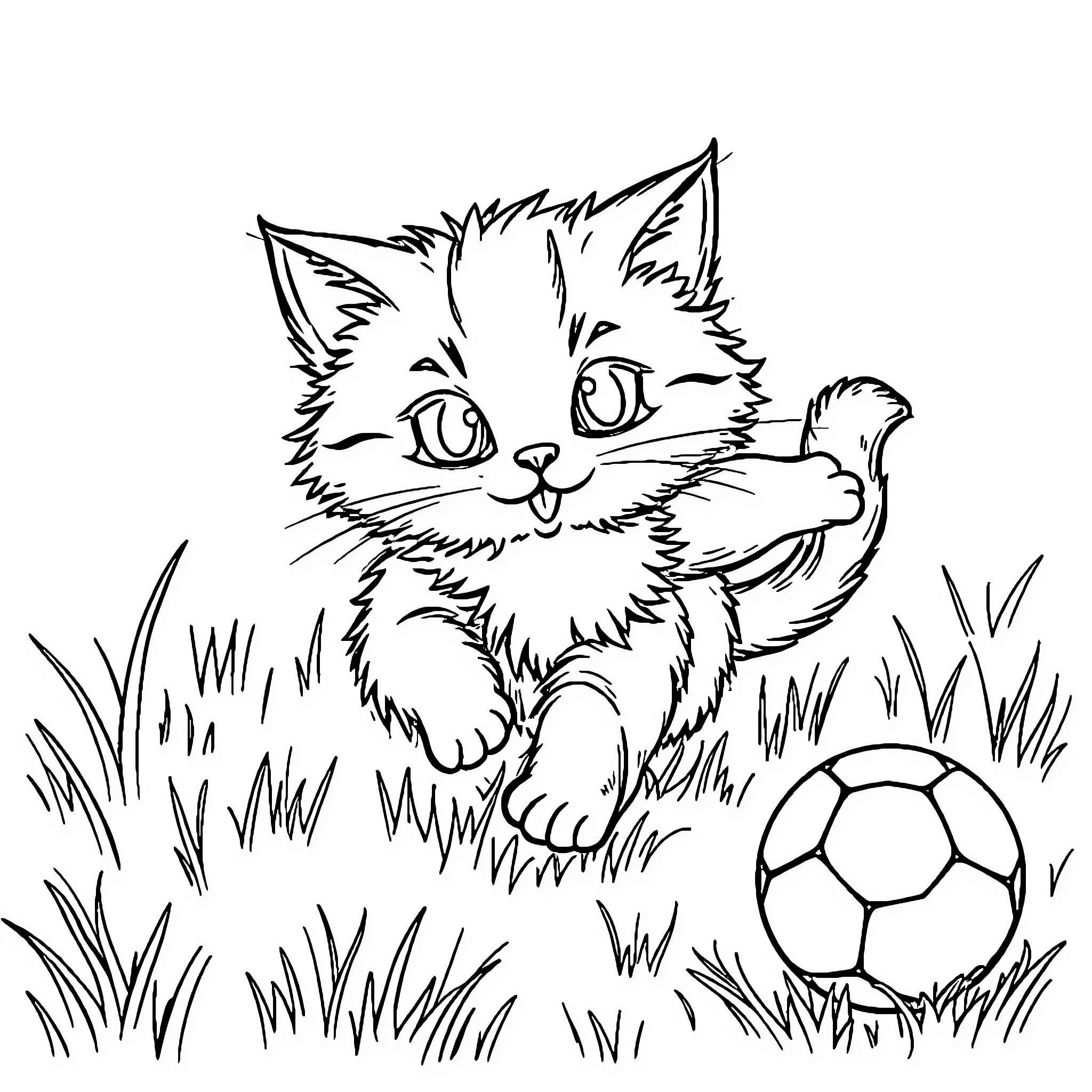 Cat chasing a soccer ball in the grass Coloring Page (free black-and-white line drawing printable PDF for all, from beginners to advanced learners, including children, teens, adults, and seniors)