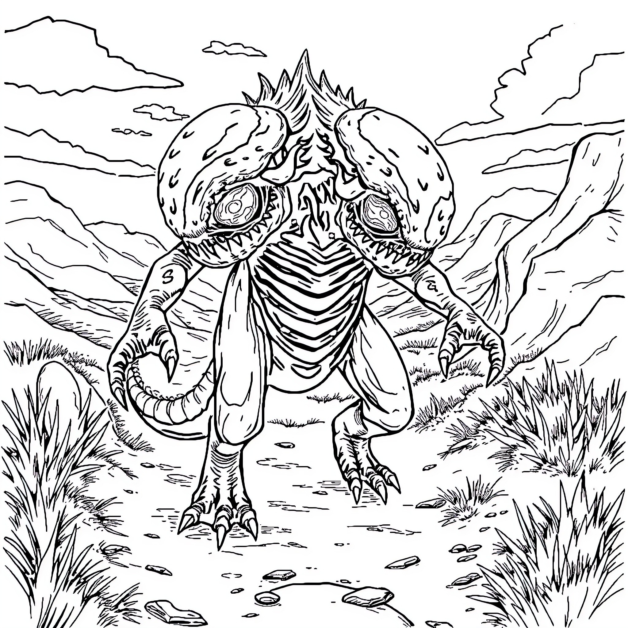 Monster stomping through a desolate landscape Coloring Page (free black-and-white line drawing printable PDF for all, from beginners to advanced learners, including children, teens, adults, and seniors)