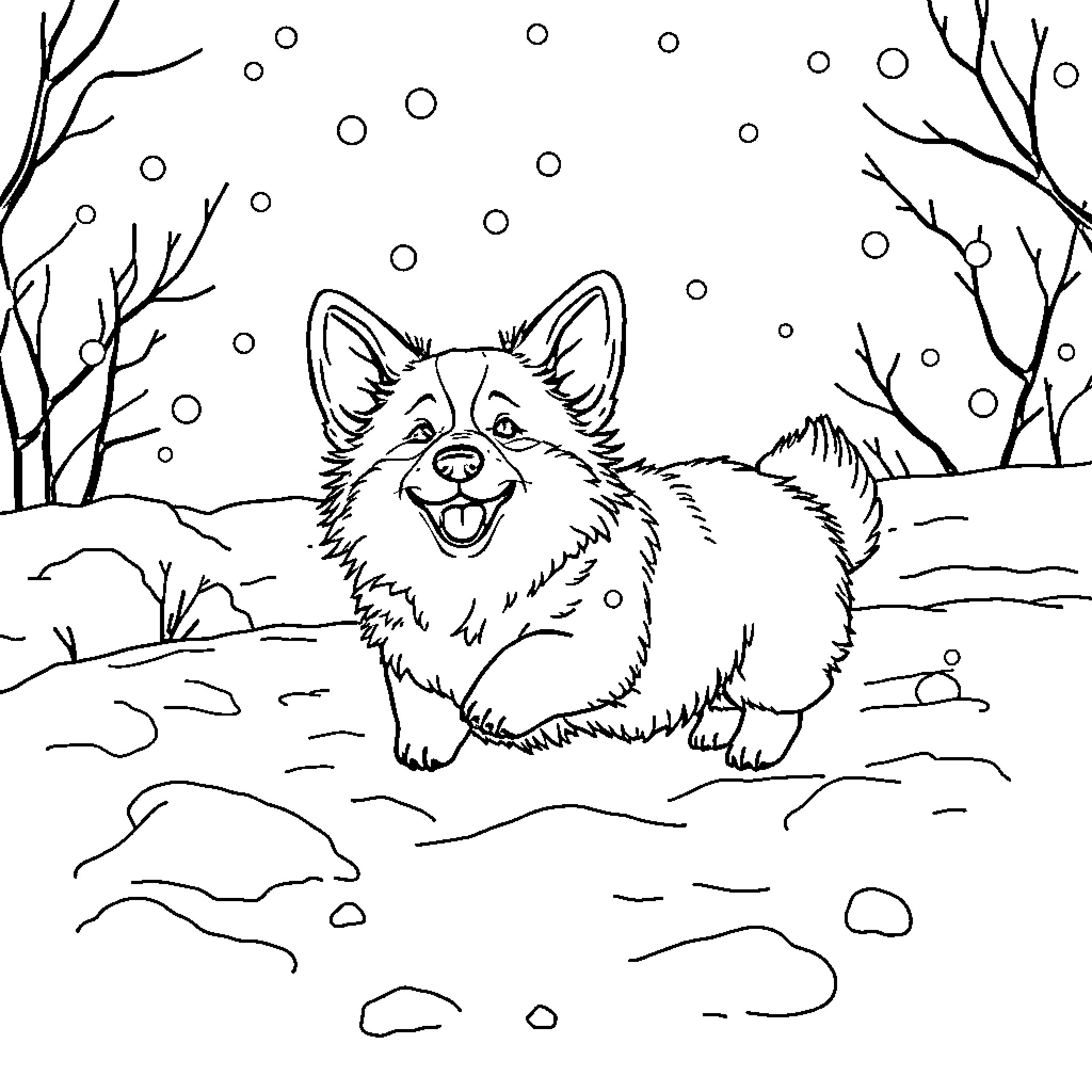 Corgi playing in the snowy landscape Coloring Page (free black-and-white line drawing printable PDF for all, from beginners to advanced learners, including children, teens, adults, and seniors)