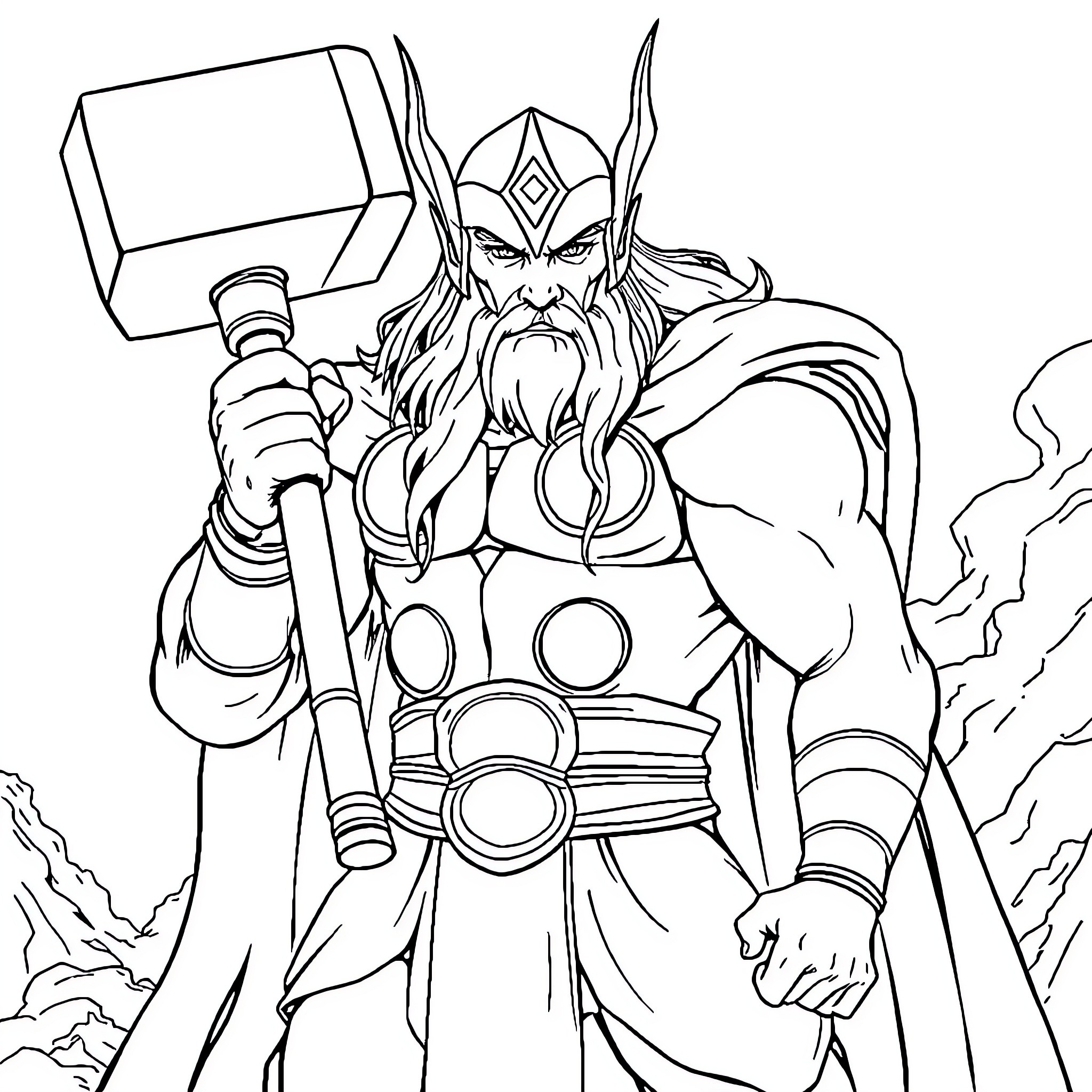 Thor wielding a mighty hammer in battle stance Coloring Page (free black-and-white line drawing printable PDF for all, from beginners to advanced learners, including children, teens, adults, and seniors)