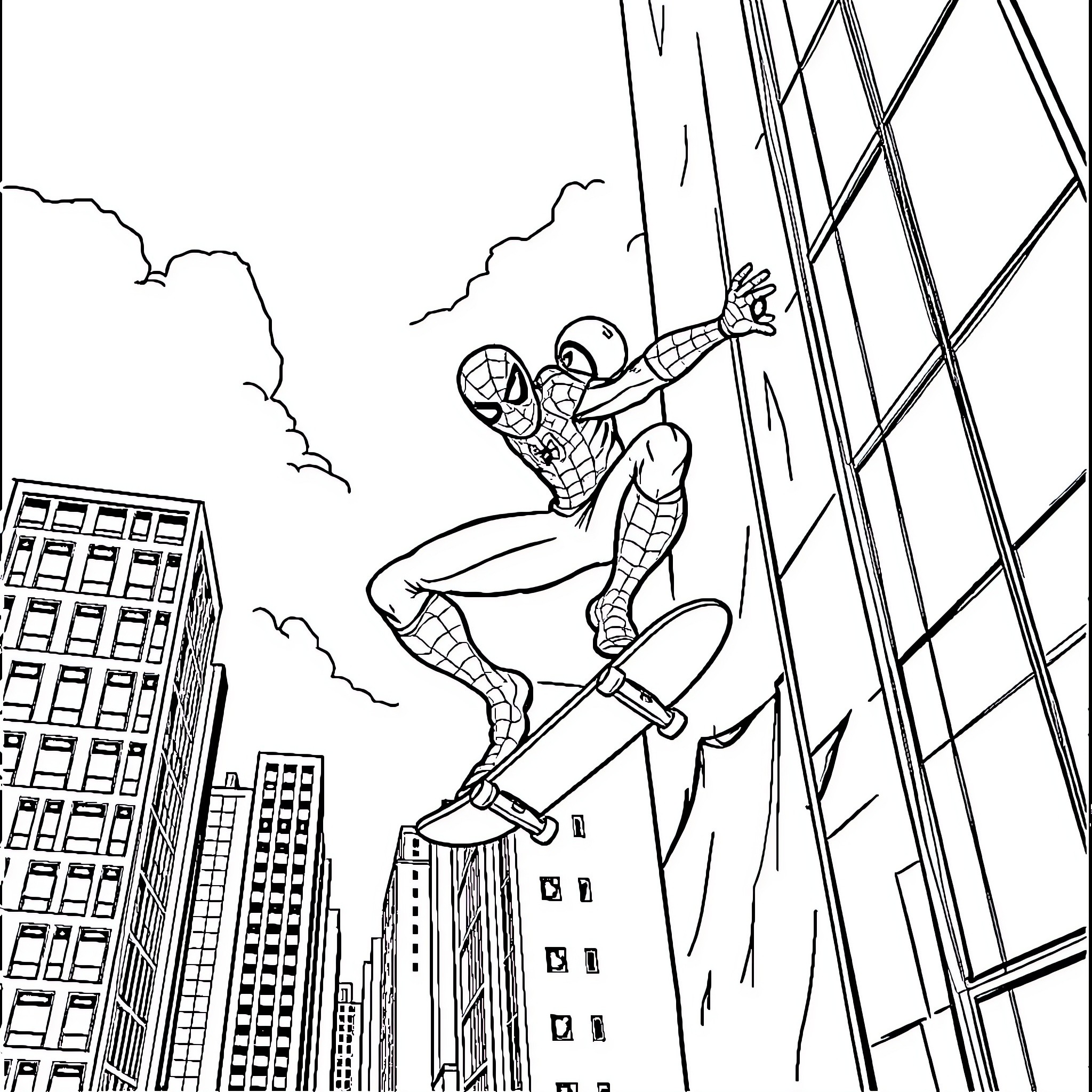 Spiderman swinging through the city skyline Coloring Page (free black-and-white line drawing printable PDF for all, from beginners to advanced learners, including children, teens, adults, and seniors)