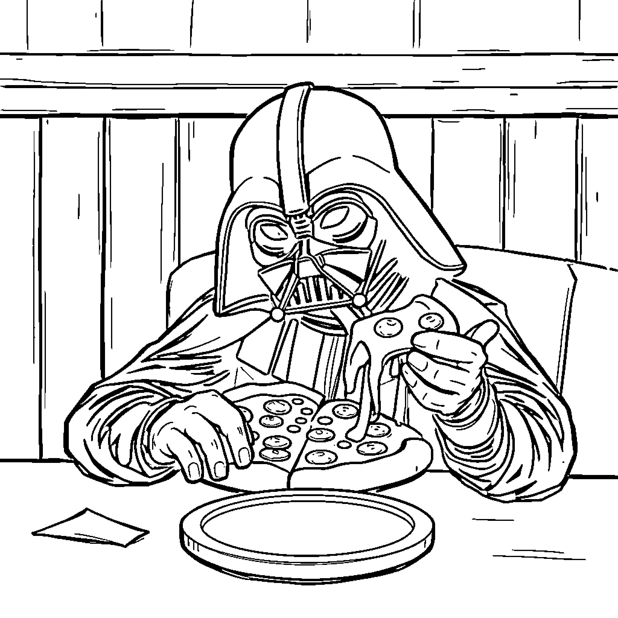 Darth Vader enjoying a meal Coloring Page (free black-and-white line drawing printable PDF for all, from beginners to advanced learners, including children, teens, adults, and seniors)