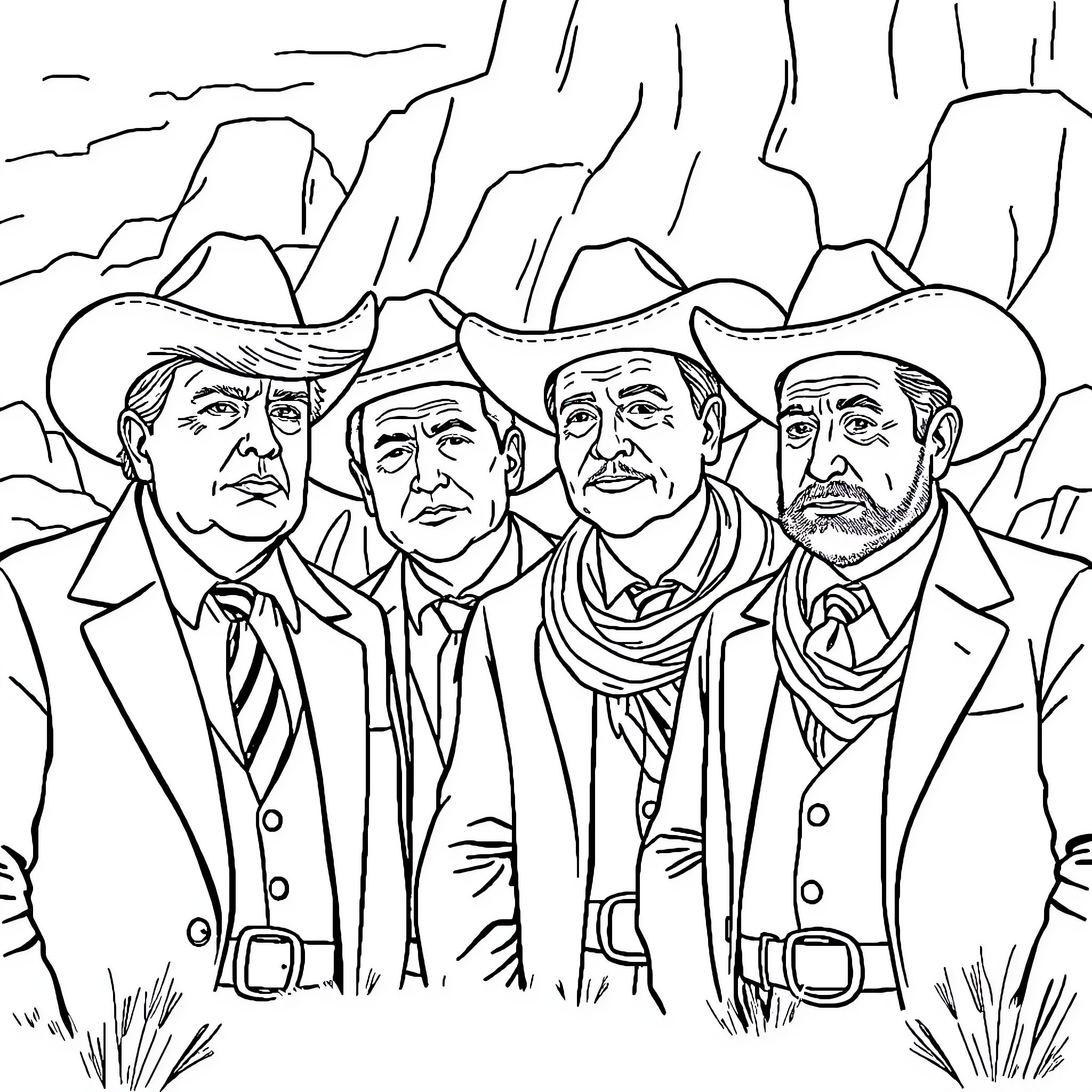 Dalton's Four Cowboys Gather in the Desert Coloring Page (free black-and-white line drawing printable PDF for all, from beginners to advanced learners, including children, teens, adults, and seniors)