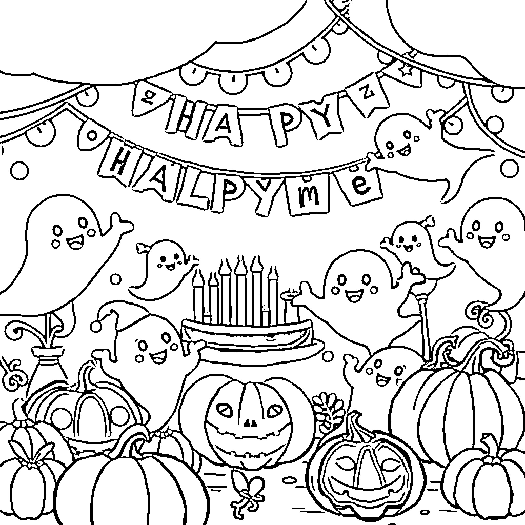 Halloween party scene with ghosts and pumpkins Coloring Page (free black-and-white line drawing printable PDF for all, from beginners to advanced learners, including children, teens, adults, and seniors)