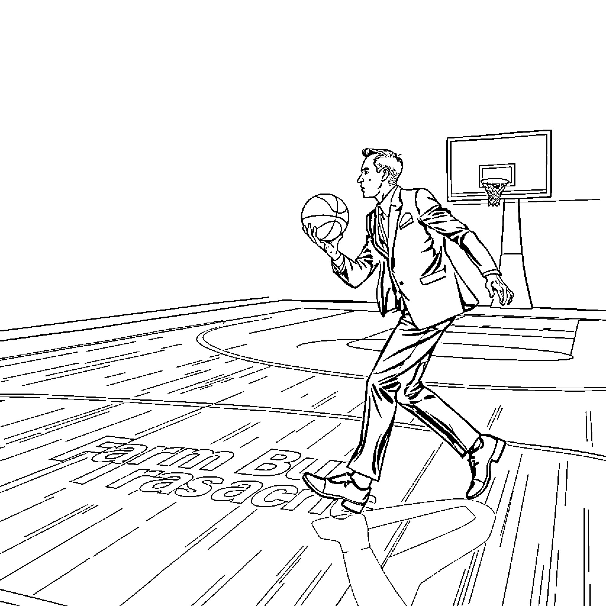 Man playing basketball on the court Coloring Page (free black-and-white line drawing printable PDF for all, from beginners to advanced learners, including children, teens, adults, and seniors)