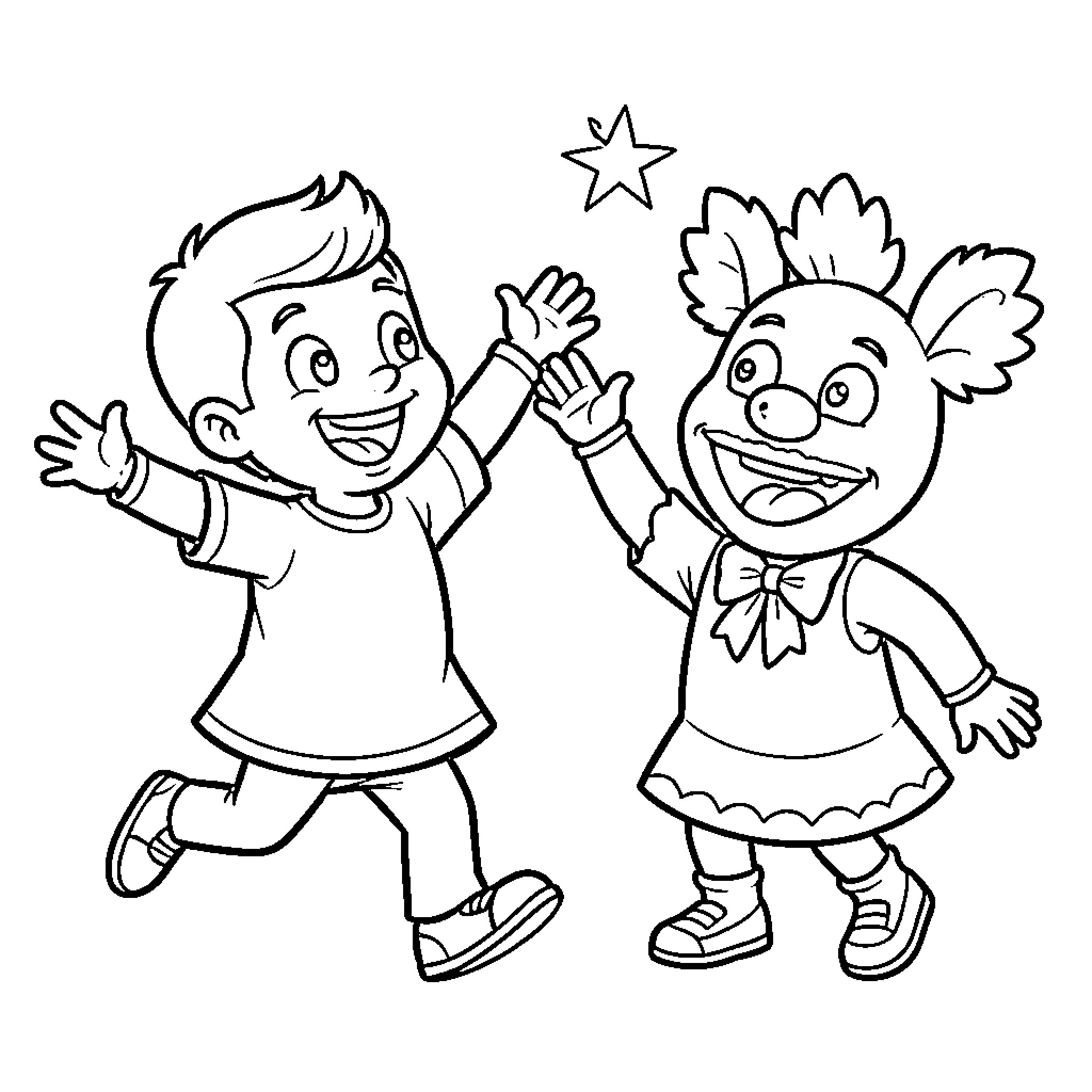 Bingo! Two playful characters celebrate joyfully Coloring Page (free black-and-white line drawing printable PDF for all, from beginners to advanced learners, including children, teens, adults, and seniors)