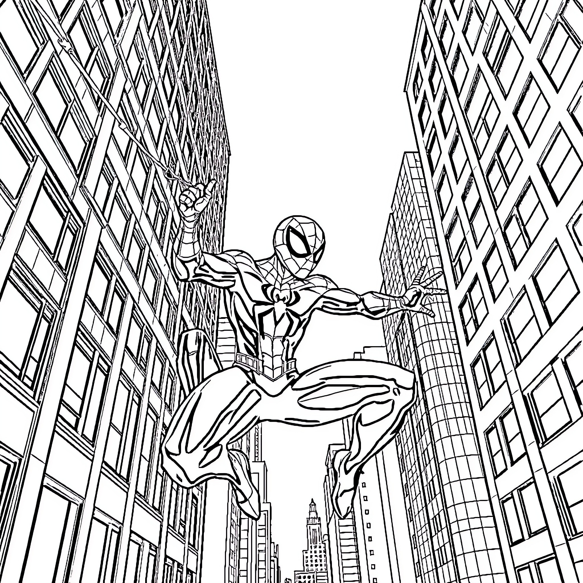 Spider-Man swinging through the city skyline Coloring Page (free black-and-white line drawing printable PDF for all, from beginners to advanced learners, including children, teens, adults, and seniors)