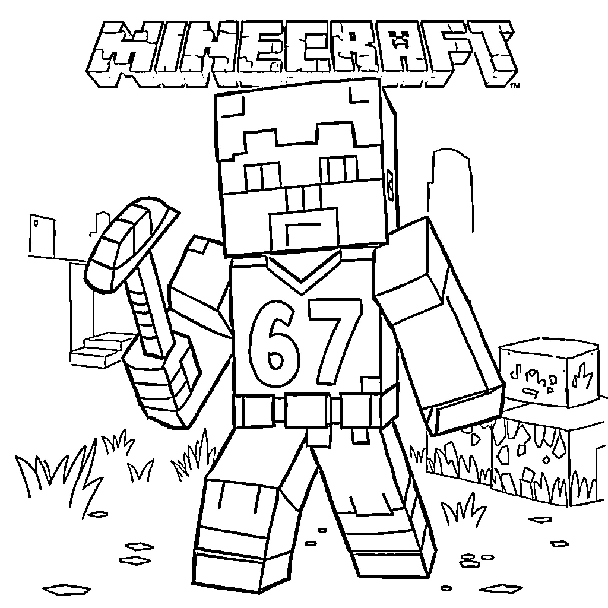 Minecraft player wearing jersey number 67 Coloring Page (free black-and-white line drawing printable PDF for all, from beginners to advanced learners, including children, teens, adults, and seniors)