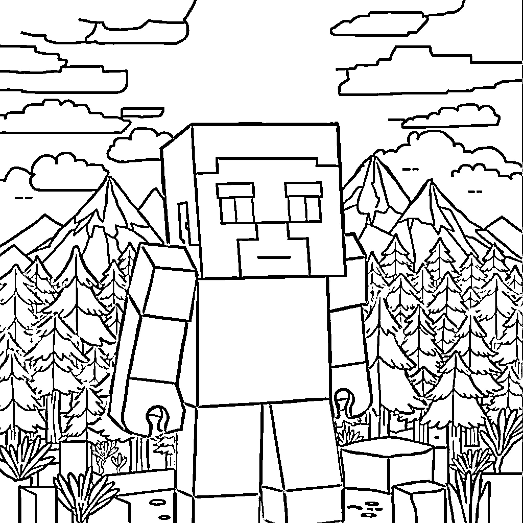 Steve explores the serene mountain landscape Coloring Page (free black-and-white line drawing printable PDF for all, from beginners to advanced learners, including children, teens, adults, and seniors)