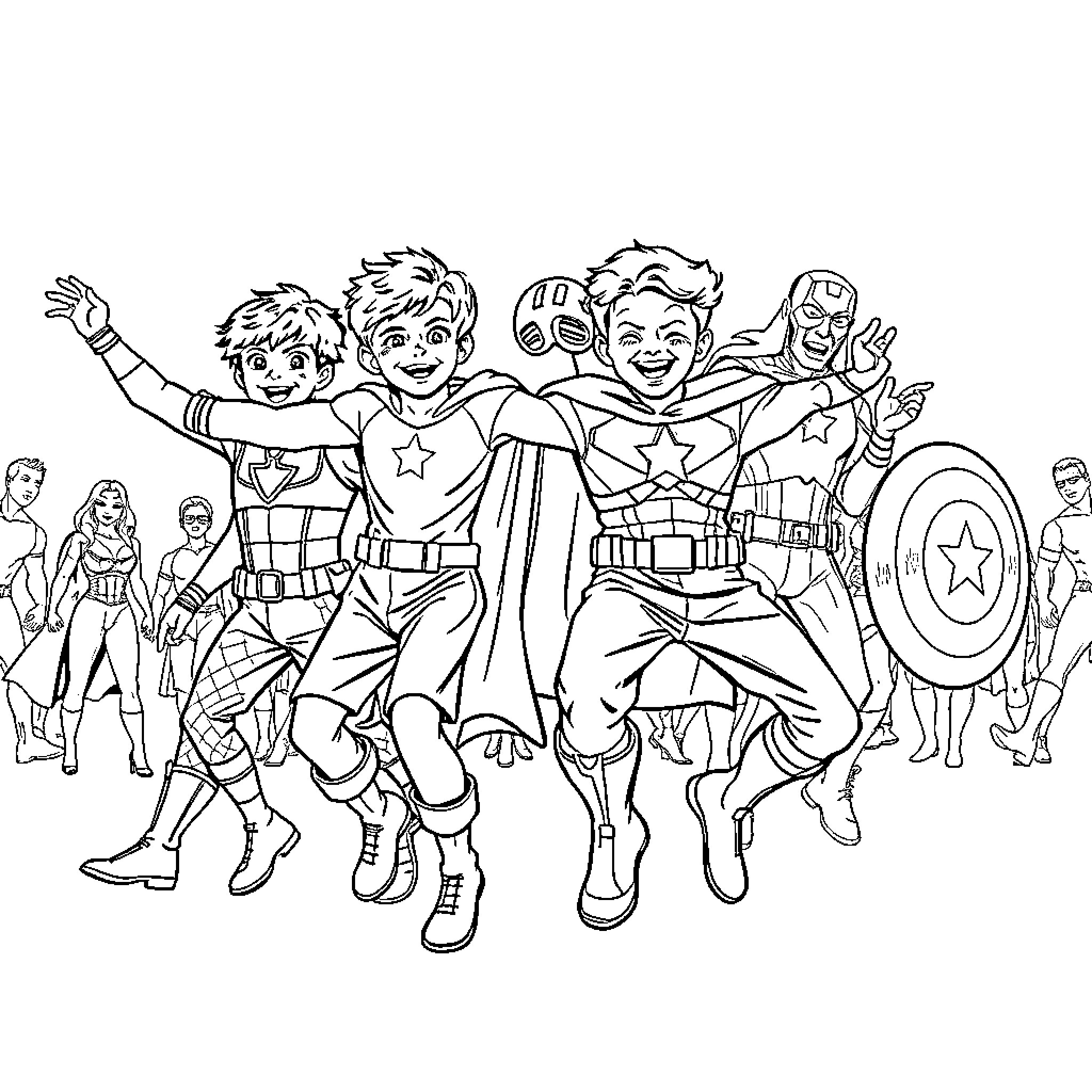 Saja Boys Enjoying Superhero Adventure Coloring Page (free black-and-white line drawing printable PDF for all, from beginners to advanced learners, including children, teens, adults, and seniors)