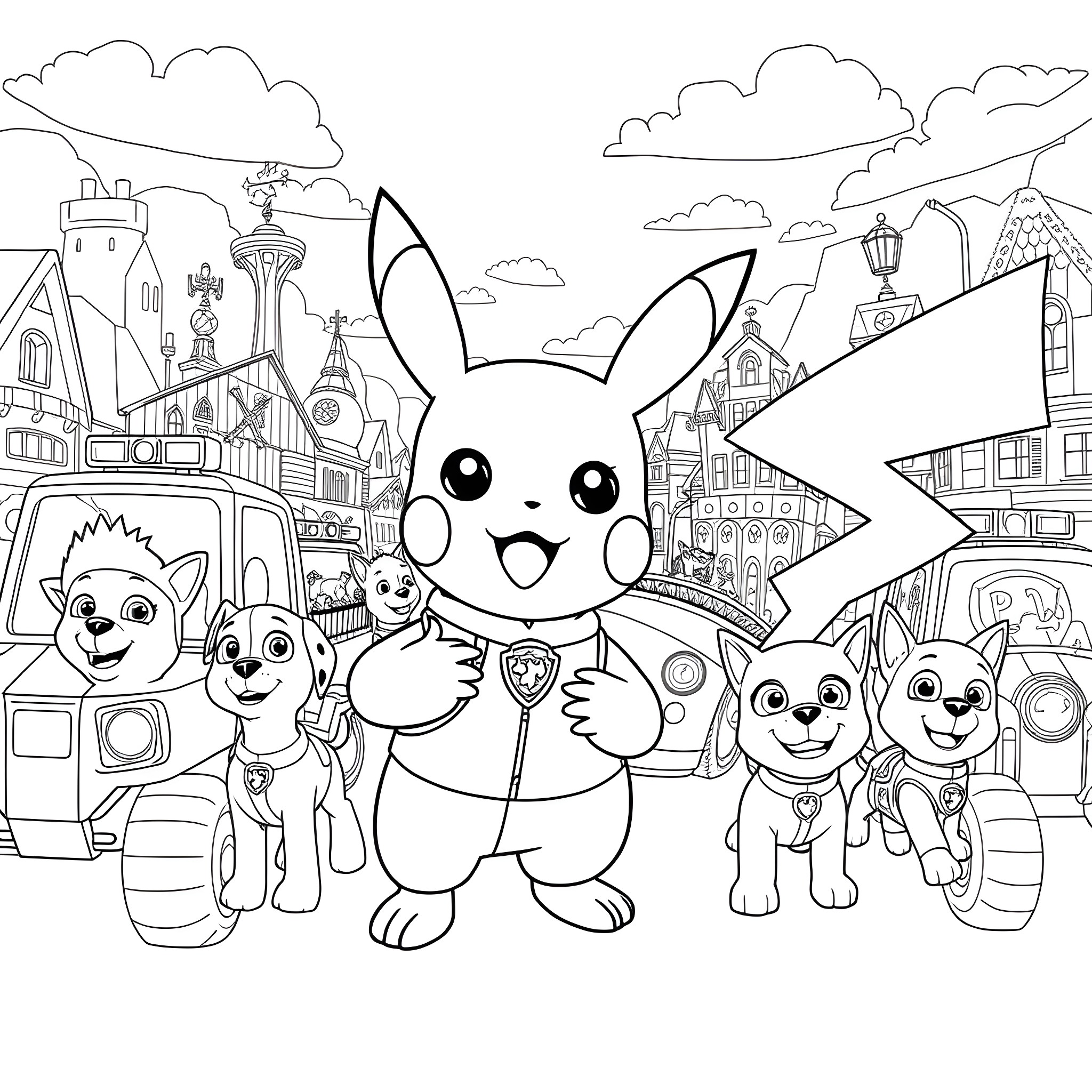 Pikachu and friends explore a colorful city Coloring Page (free black-and-white line drawing printable PDF for all, from beginners to advanced learners, including children, teens, adults, and seniors)