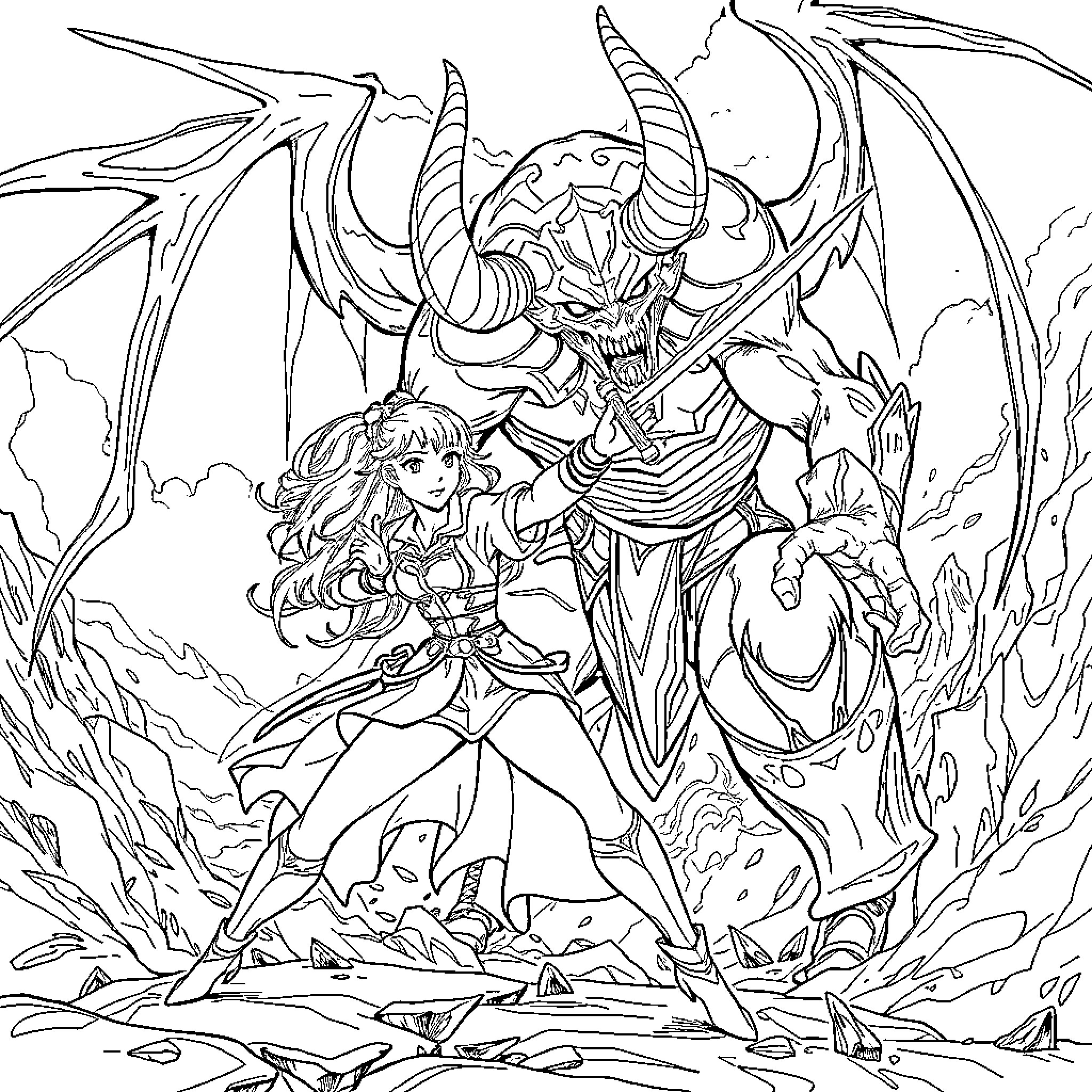 Rumi's Encounter with a Fearsome Dragon Coloring Page (free black-and-white line drawing printable PDF for all, from beginners to advanced learners, including children, teens, adults, and seniors)