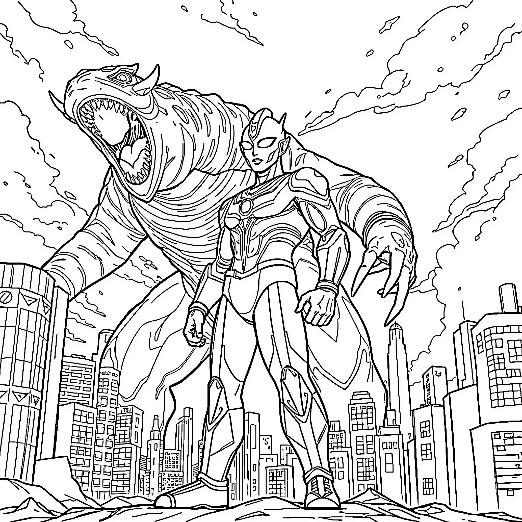 Ultraman battles a giant monster in the city Coloring Page (free black-and-white line drawing printable PDF for all, from beginners to advanced learners, including children, teens, adults, and seniors)