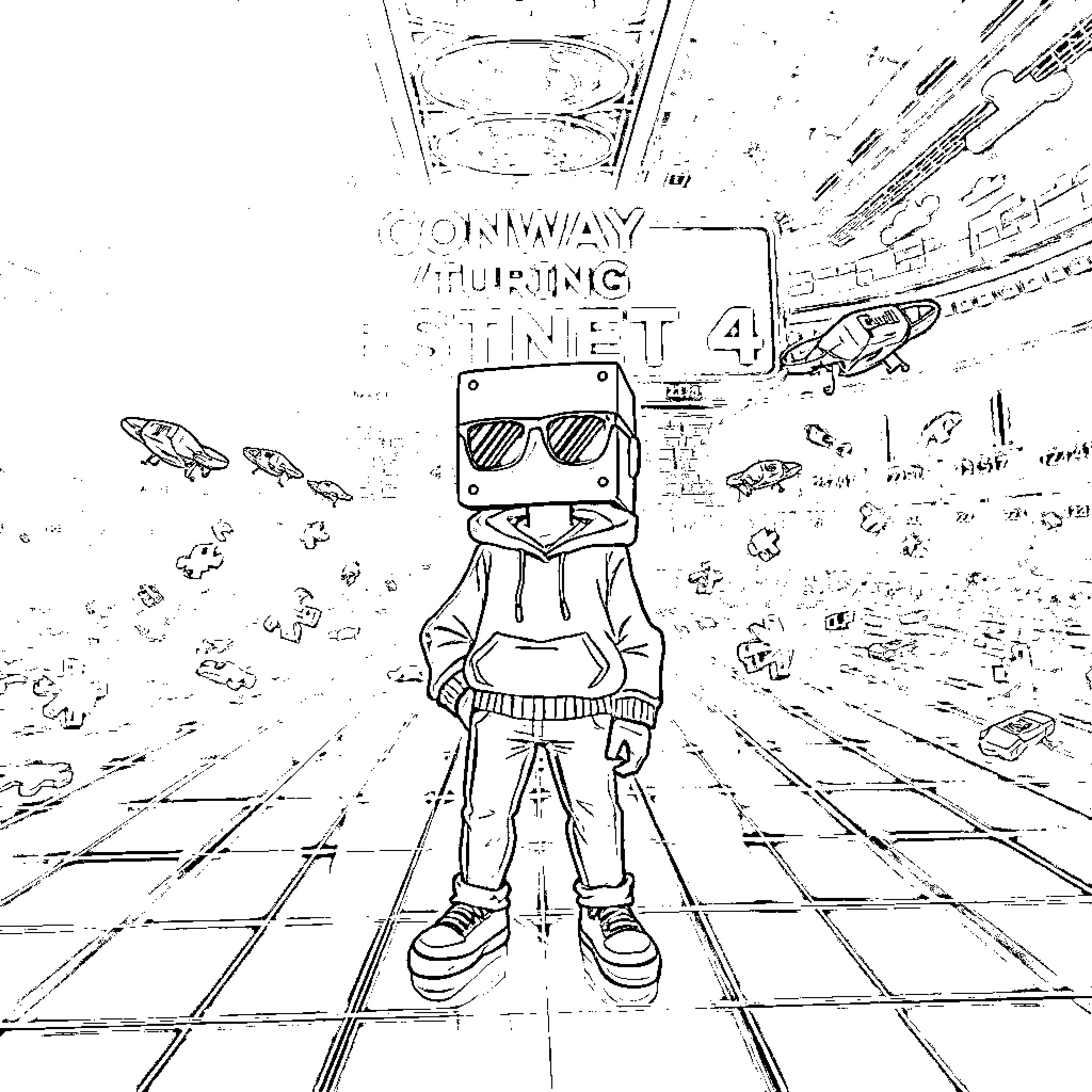 Humanoid Exploring Futuristic Cityscape Coloring Page (free black-and-white line drawing printable PDF for all, from beginners to advanced learners, including children, teens, adults, and seniors)