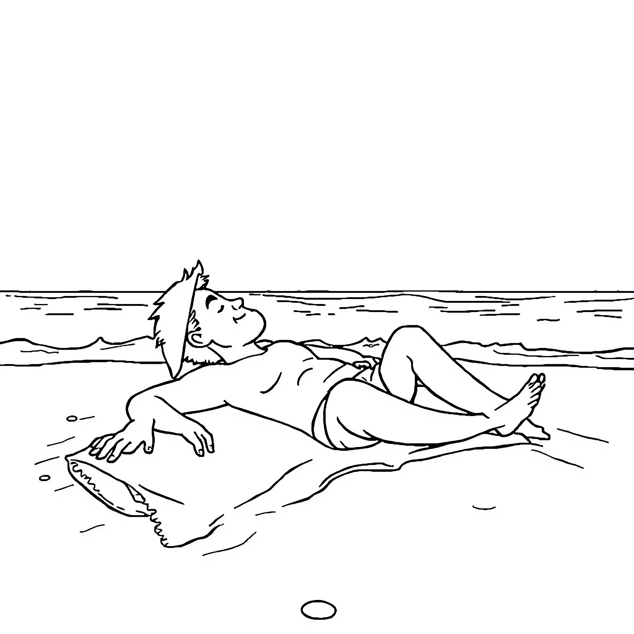 Mirko relaxing peacefully on the beach Coloring Page (free black-and-white line drawing printable PDF for all, from beginners to advanced learners, including children, teens, adults, and seniors)