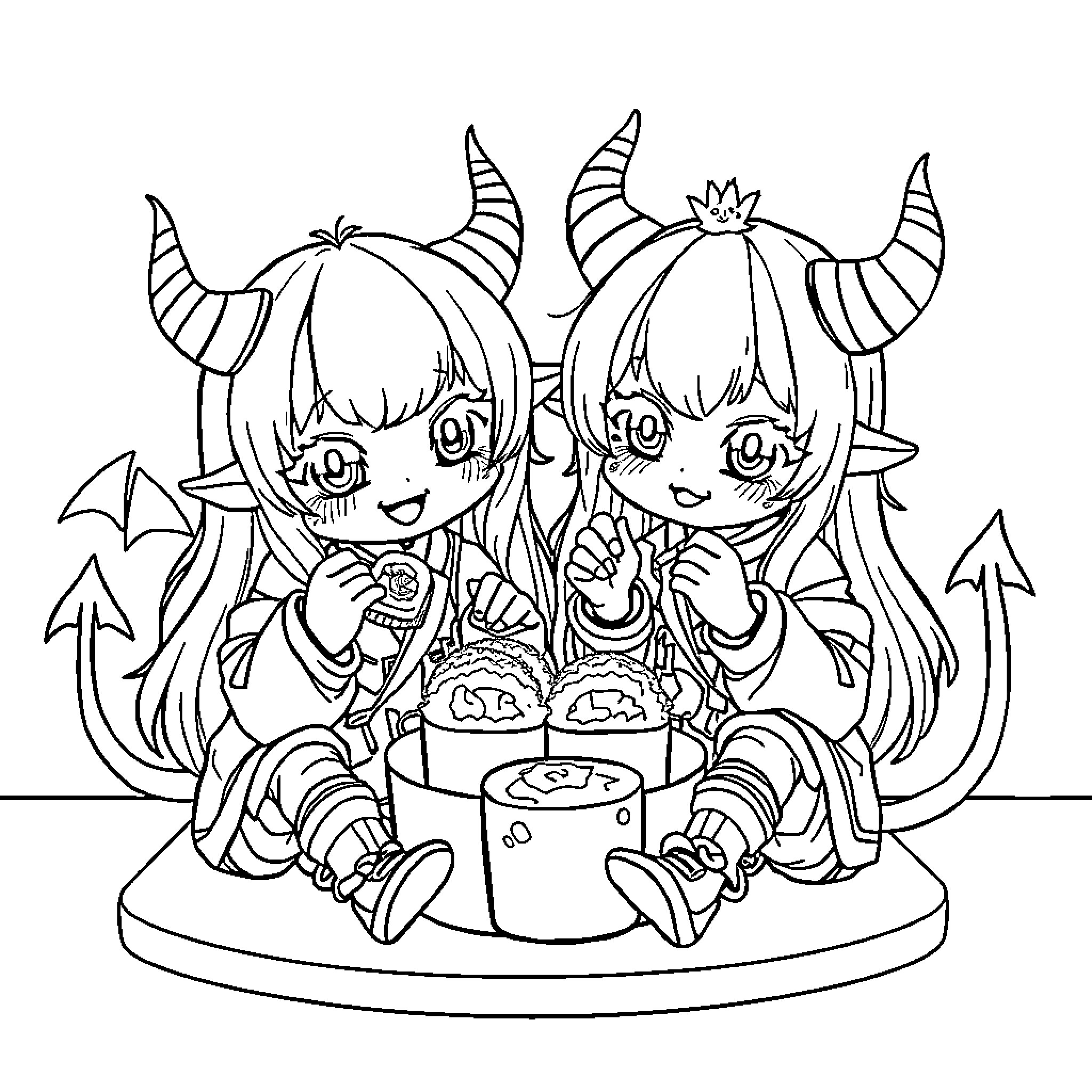 Demon siblings enjoying snacks Coloring Page (free black-and-white line drawing printable PDF for all, from beginners to advanced learners, including children, teens, adults, and seniors)