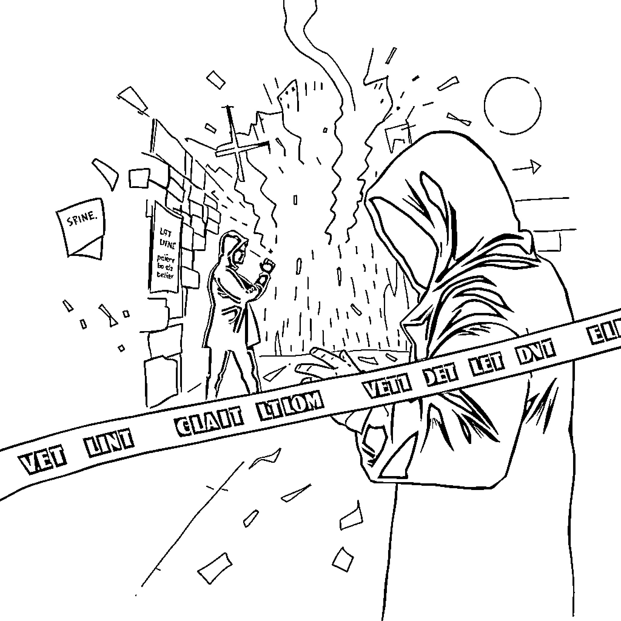 Crime Scene of Violent Confrontation Coloring Page (free black-and-white line drawing printable PDF for all, from beginners to advanced learners, including children, teens, adults, and seniors)