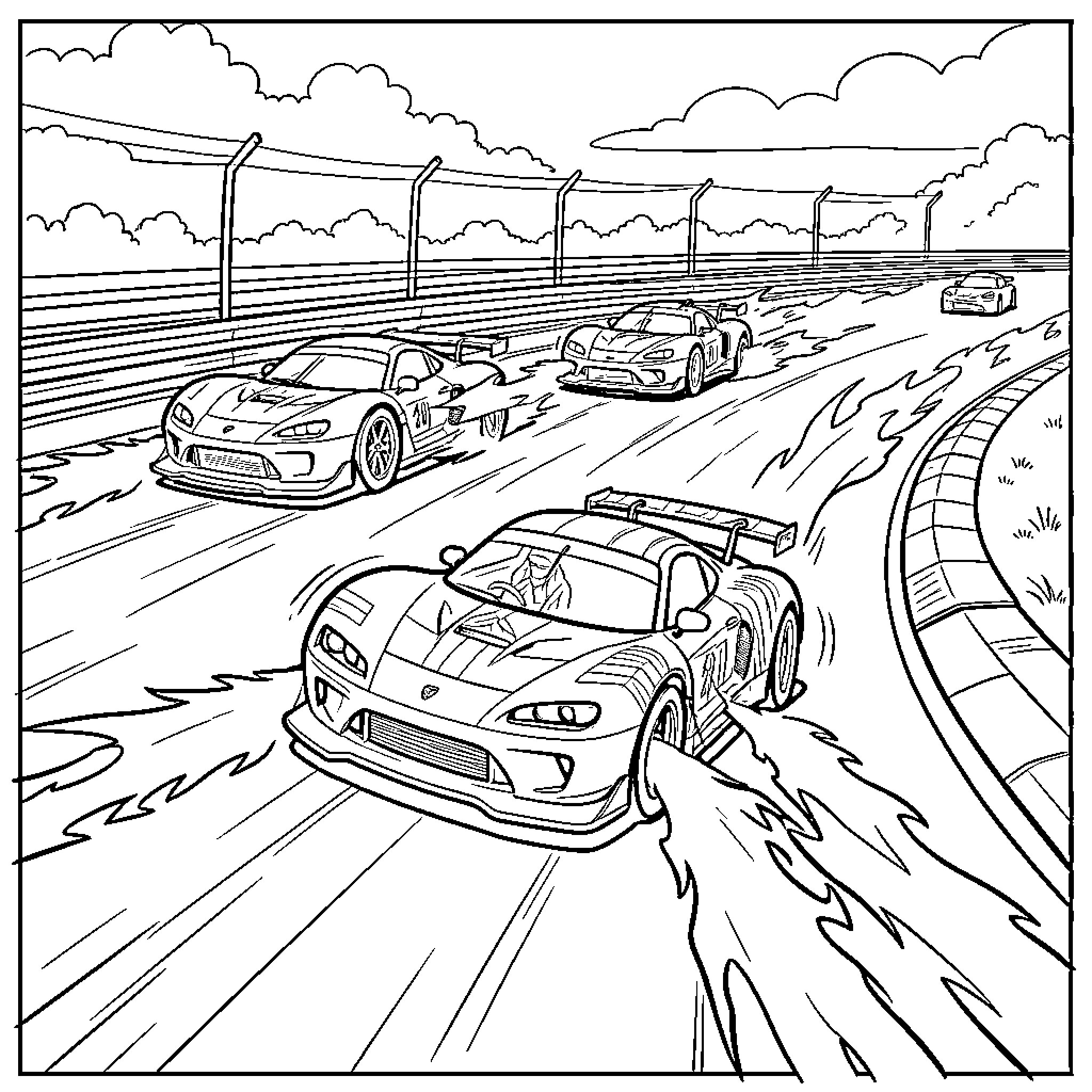 Racecar action-packed competition on the track Coloring Page (free black-and-white line drawing printable PDF for all, from beginners to advanced learners, including children, teens, adults, and seniors)