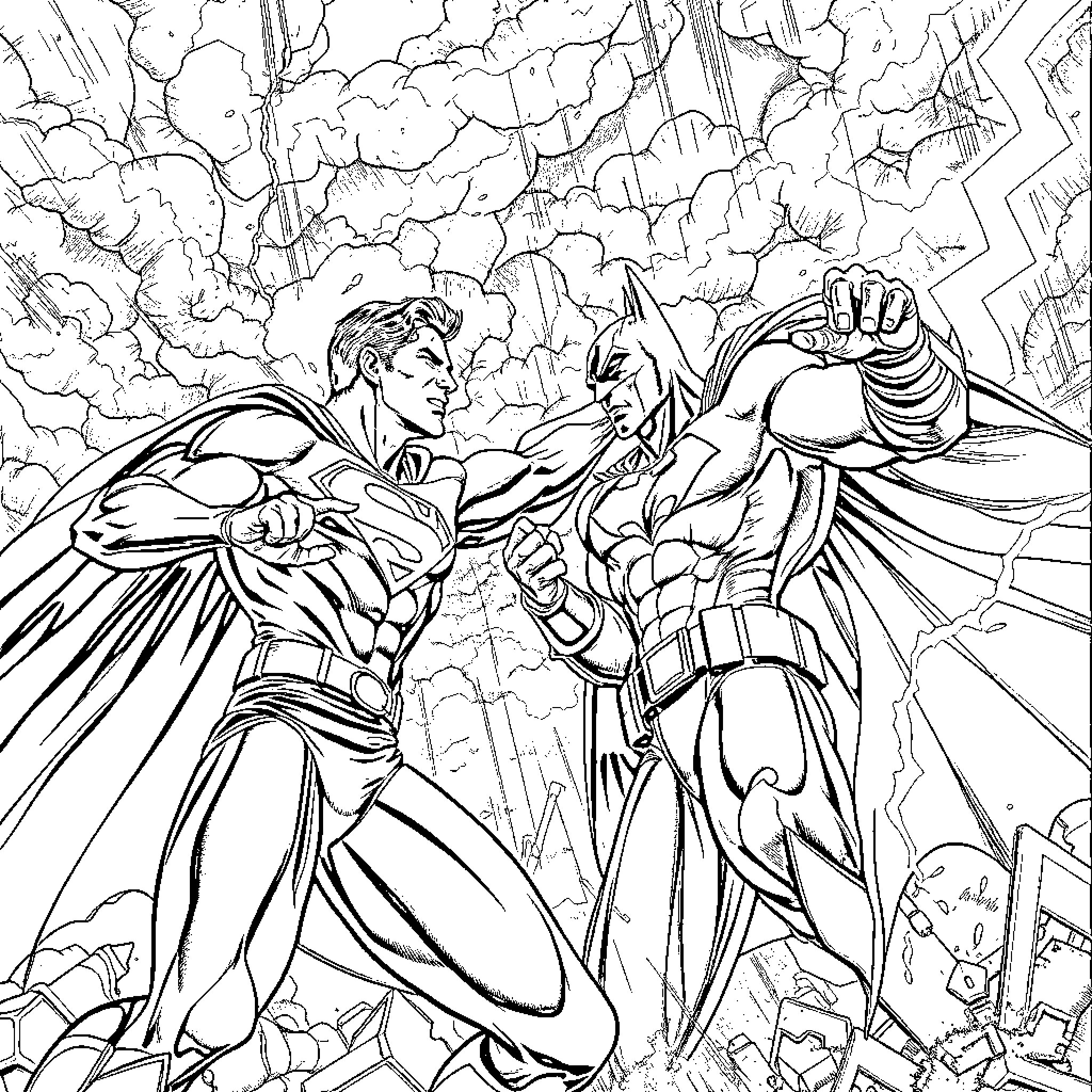 Superman vs. Heroic Conflict in the Clouds Coloring Page (free black-and-white line drawing printable PDF for all, from beginners to advanced learners, including children, teens, adults, and seniors)