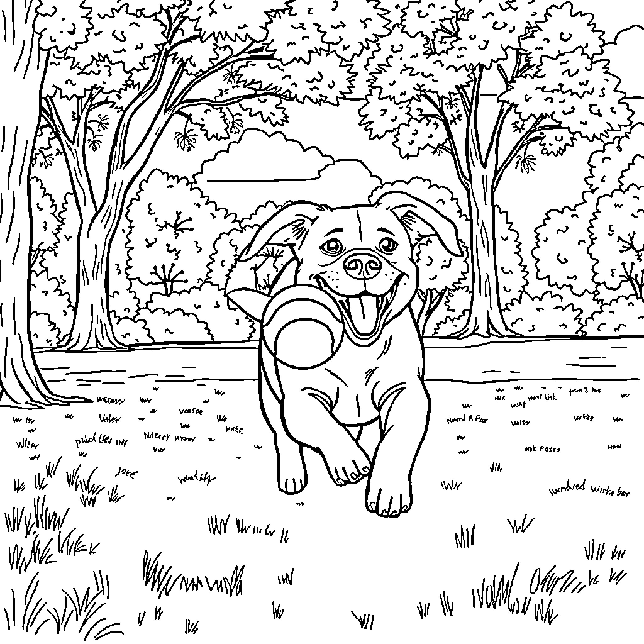 Dog happily playing in the forest Coloring Page (free black-and-white line drawing printable PDF for all, from beginners to advanced learners, including children, teens, adults, and seniors)