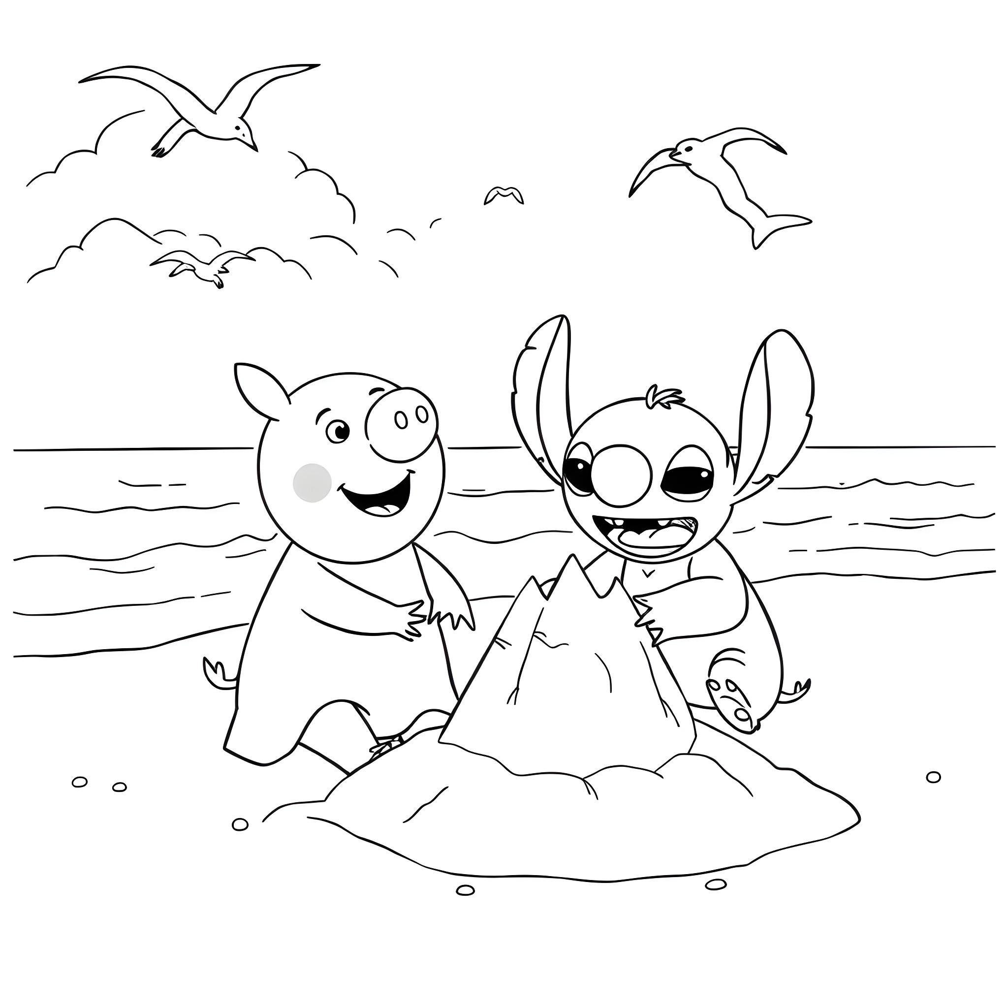 Pepper Pig and Stitch playing happily on the beach Coloring Page (free black-and-white line drawing printable PDF for all, from beginners to advanced learners, including children, teens, adults, and seniors)