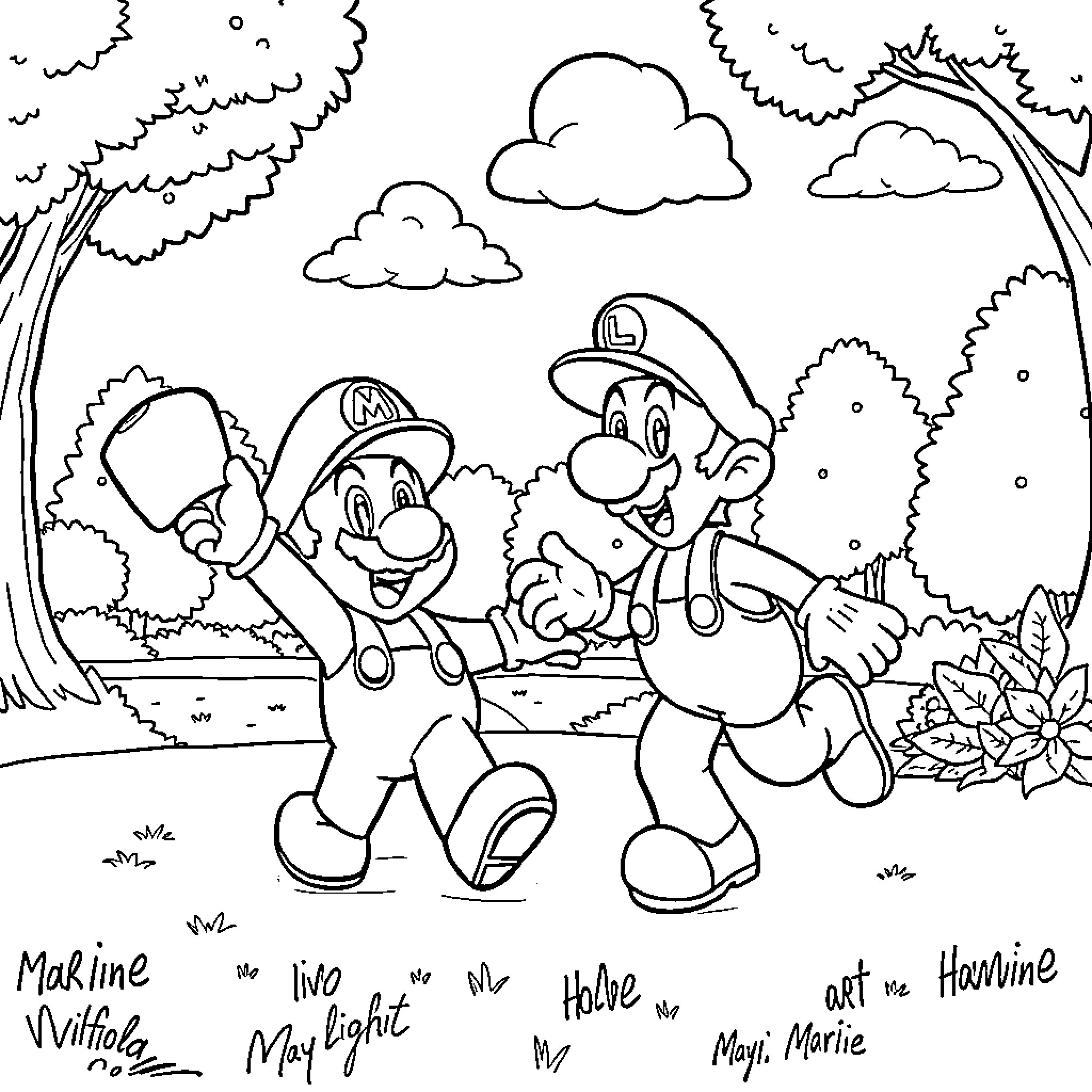 Mario and Luigi's Outdoor Adventure Coloring Page (free black-and-white line drawing printable PDF for all, from beginners to advanced learners, including children, teens, adults, and seniors)