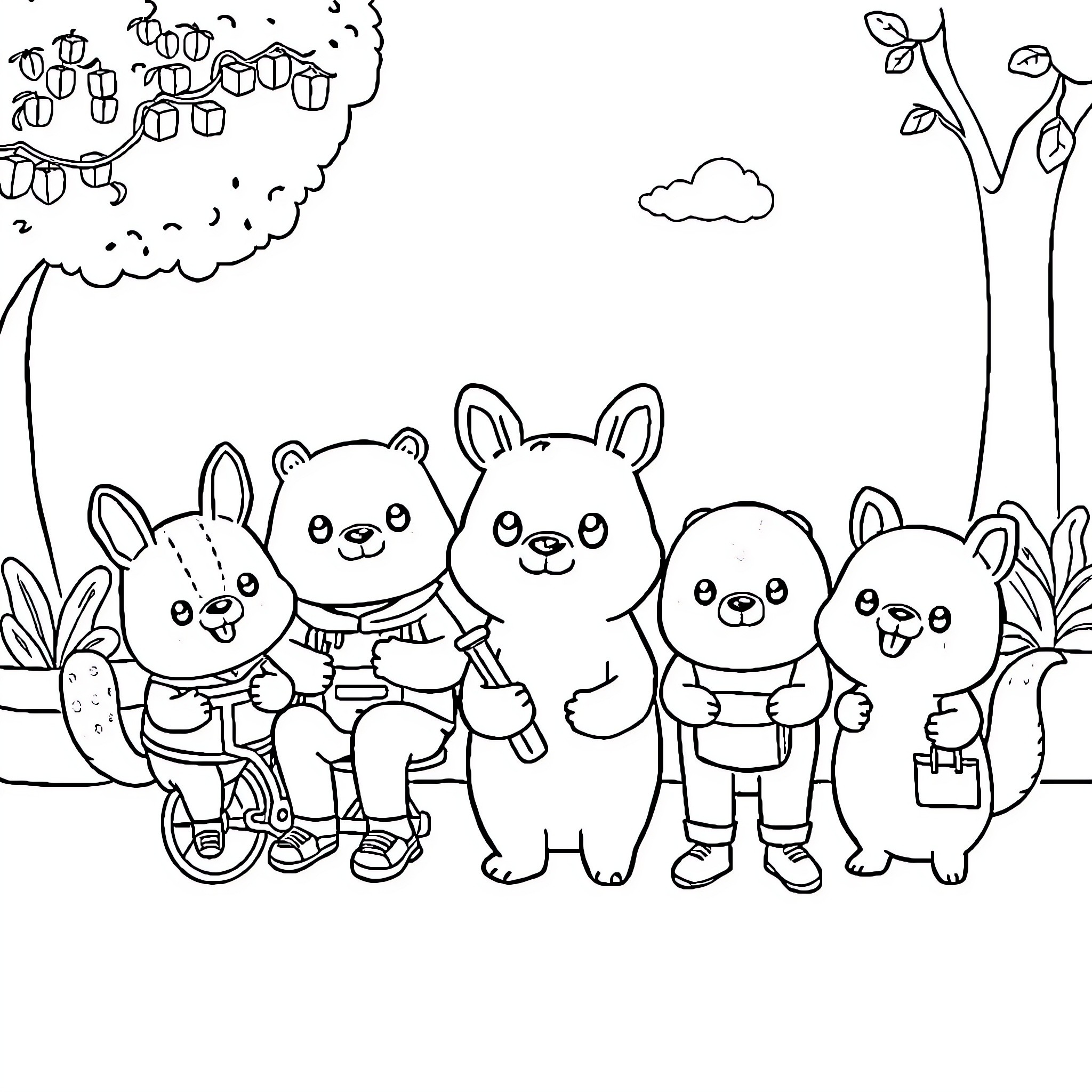Kawaii Animal Friends Enjoying the Outdoors Coloring Page (free black-and-white line drawing printable PDF for all, from beginners to advanced learners, including children, teens, adults, and seniors)