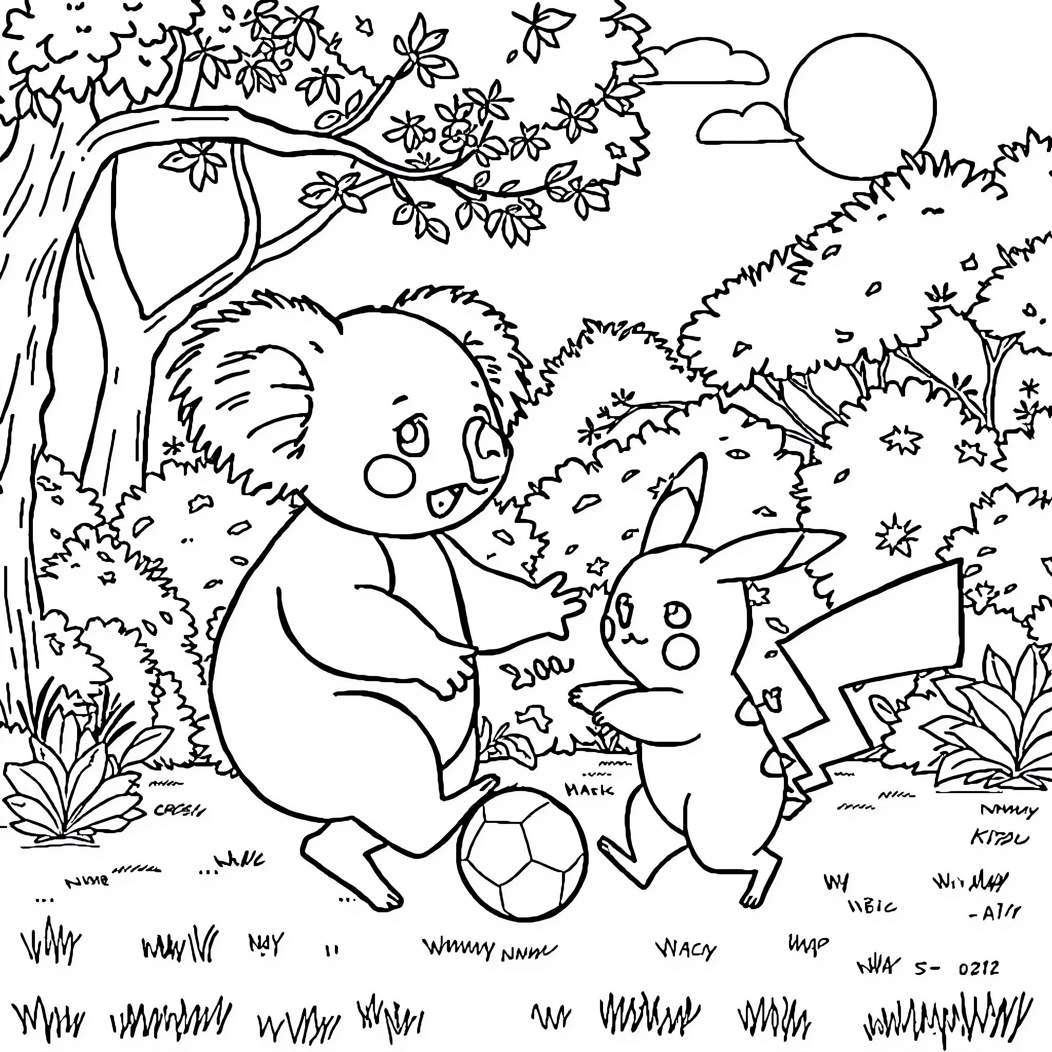 Koala playing with a rabbit in a lush forest Coloring Page (free black-and-white line drawing printable PDF for all, from beginners to advanced learners, including children, teens, adults, and seniors)